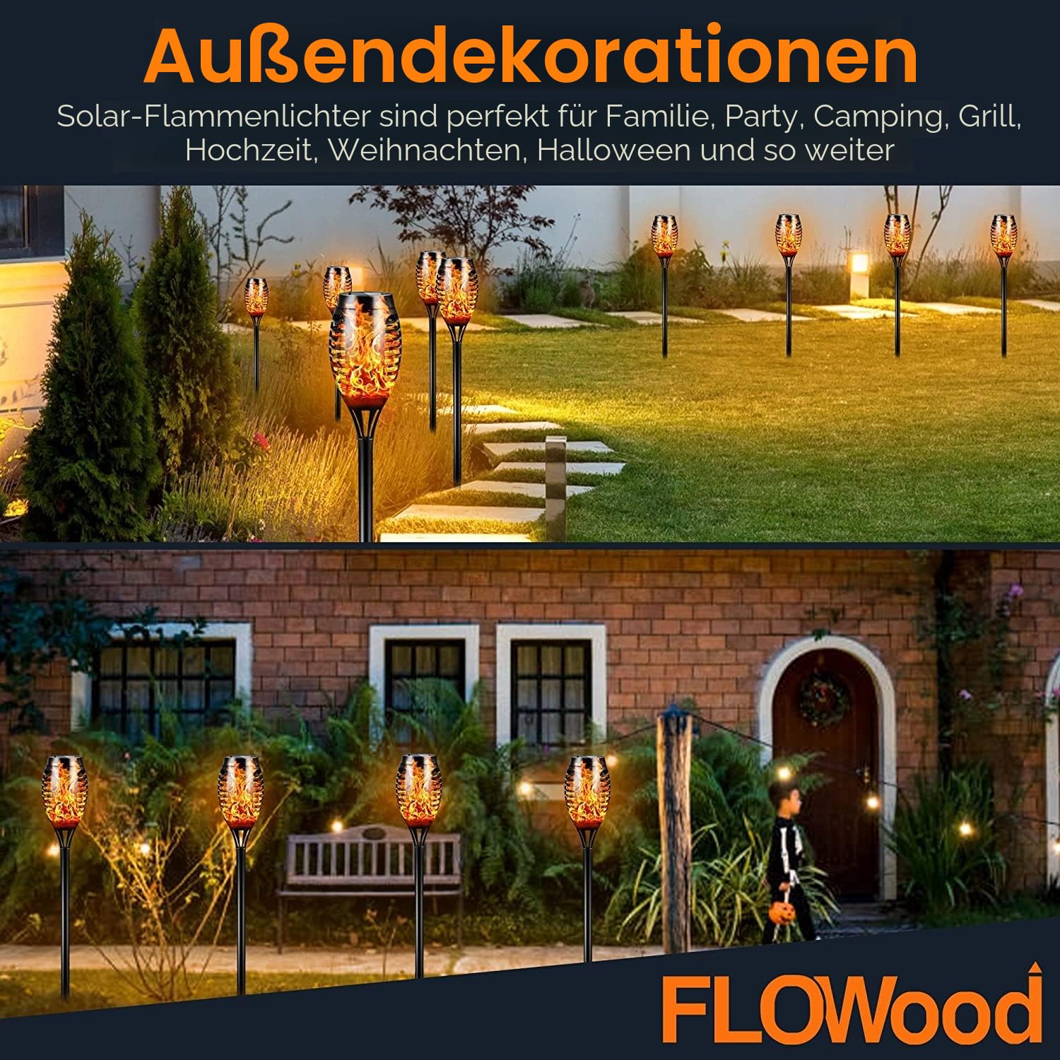 FLOWood Solarleuchten für Außen Garten, 6 Stück, 12LED Solarlampe für Außen Solar Fackel Gartenfackeln, IP65 Wasserdicht Solarlampe, Weg, Hinterhöfe, Rasen1, Flame