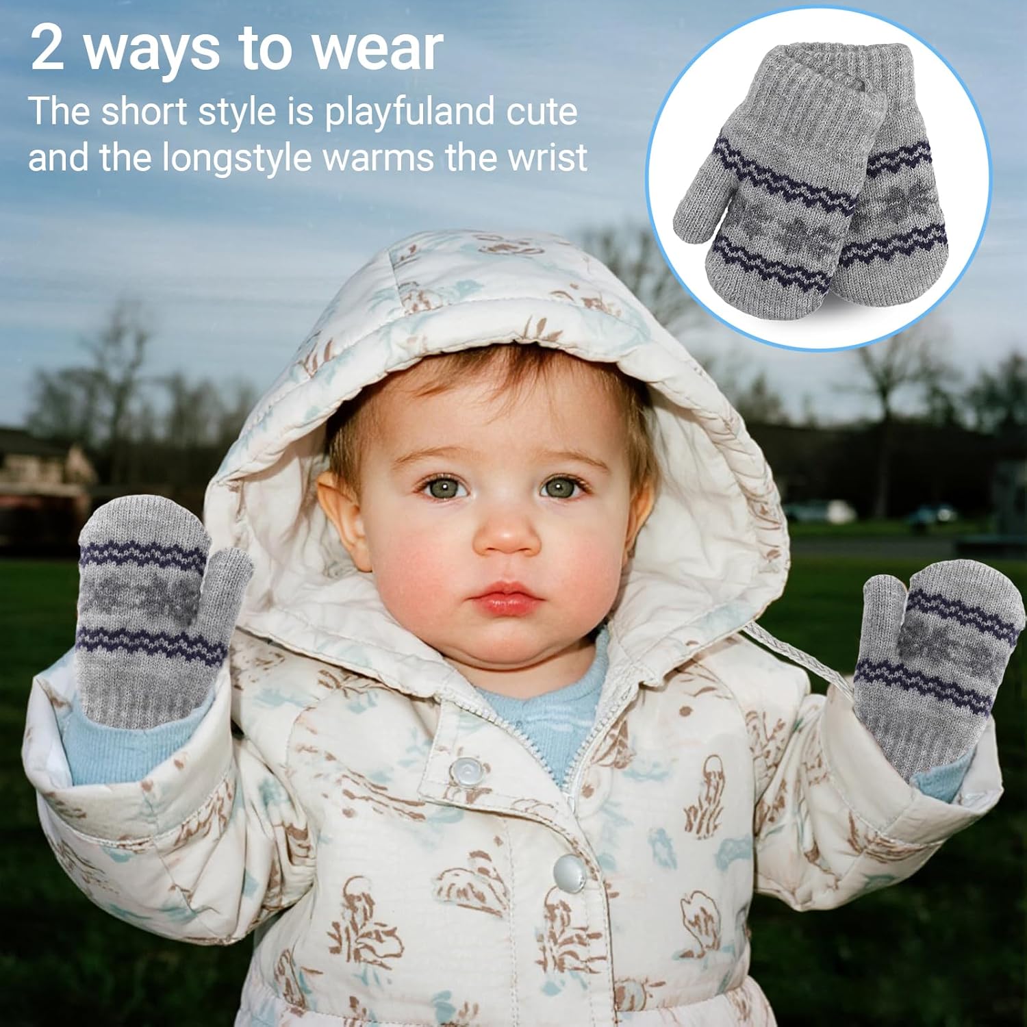 Toddler-Knit-Mittens Gloves for Kids 0-2 Years Boys & Girls - Winter Warm Fleece Lining with Anti-Loss String Gloves - Image 2