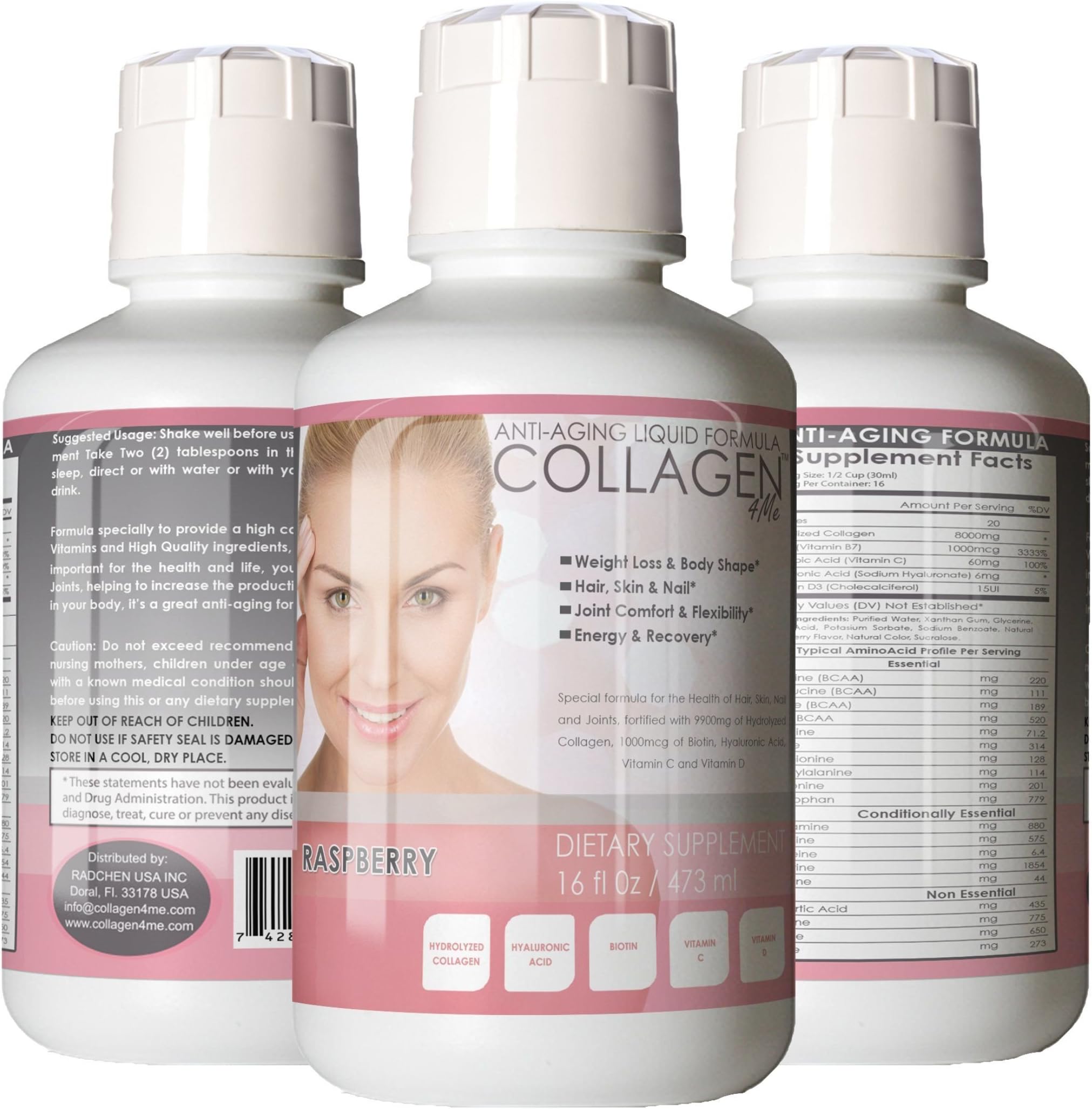 Premium Liquid Collagen Peptides,16Oz Best Value, Anti-Aging Formula, Grass-Fed, Has Hydrolyzed Collagen, Biotin, Hyaluronic Acid, Vitamin C and D as its major constituent compounds. Raspberry Flavor