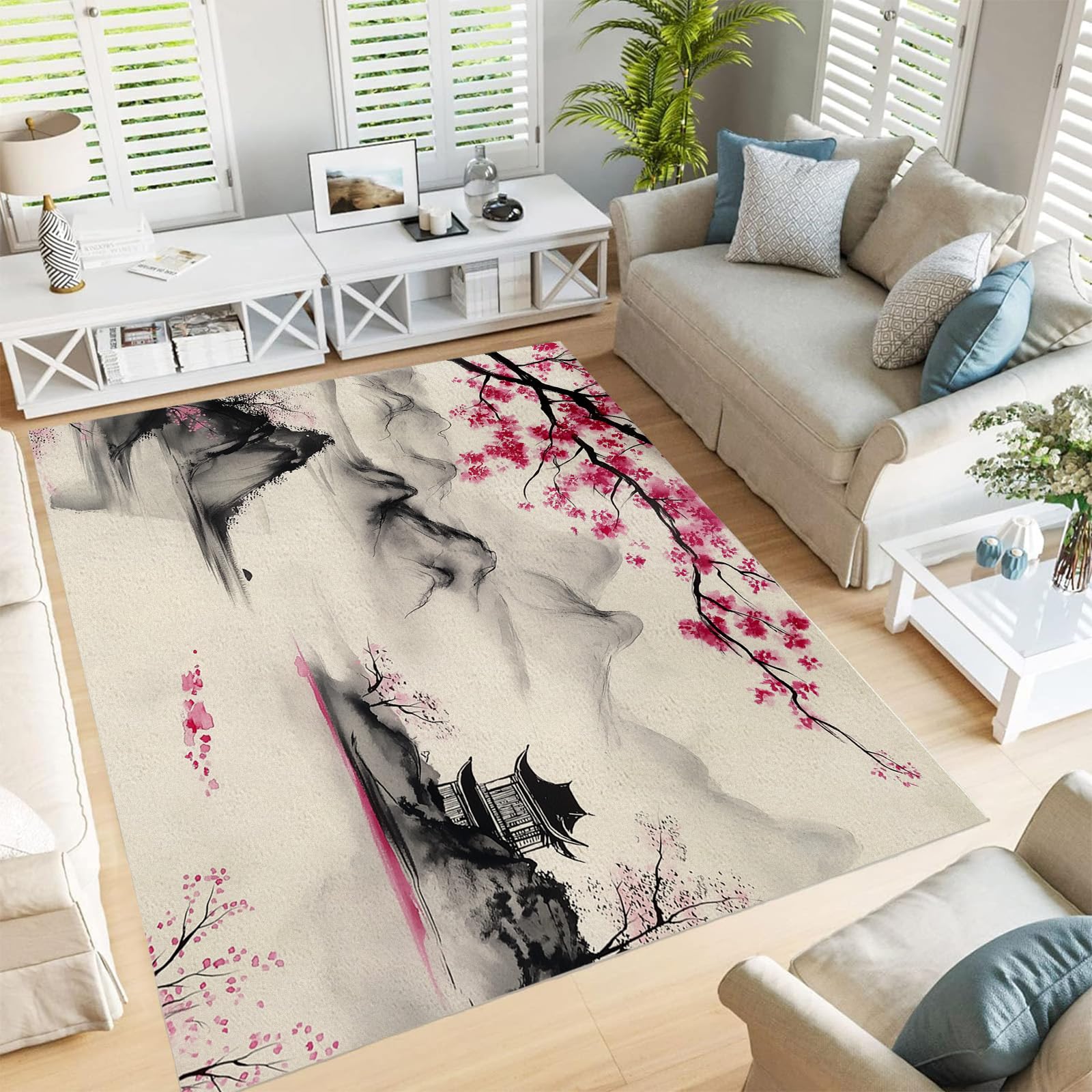 Grand tapis de salon 200x300cm avec motif de paysage de cerisiers en fleurs