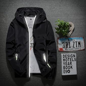 Mens Reflective Jacket Waterproof with Hood Zipper Long Sleeve Fishing Lightweight Windbreaker Packable Raincoat