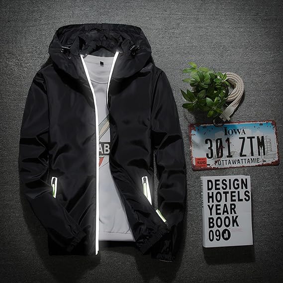 Mens Reflective Jacket Waterproof with Hood Zipper Long Sleeve Fishing Lightweight Windbreaker Packable Raincoat