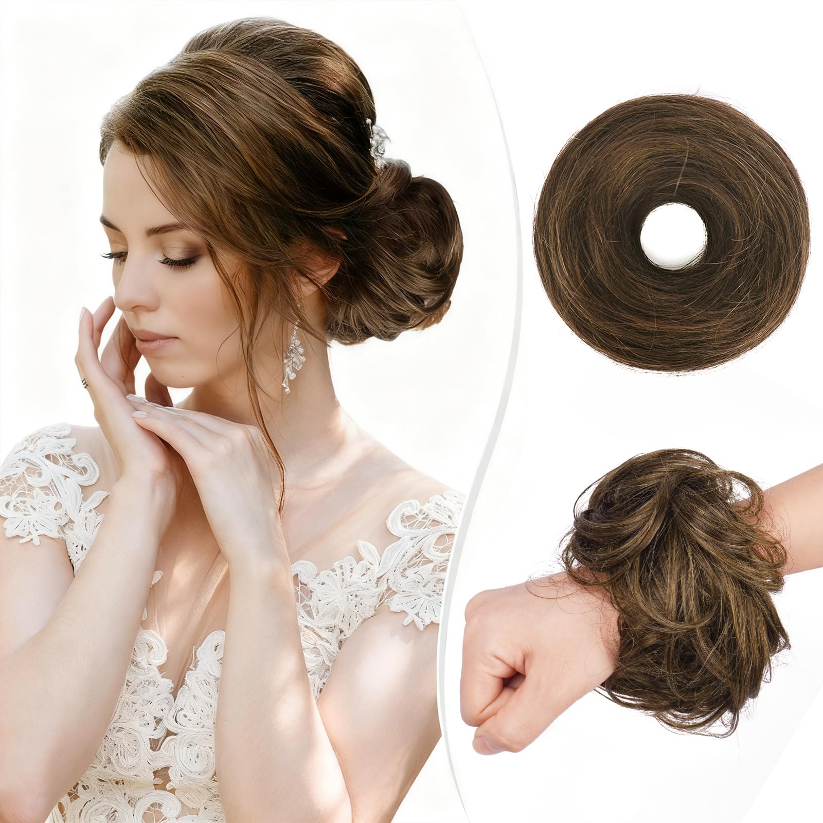 RUWISS Human Hair Bun Hair Piece Long Thin Straight Tousled Updo Bun Hair Pieces for Women Scrunchie Ponytail Extension 25g(Brown Mixed)