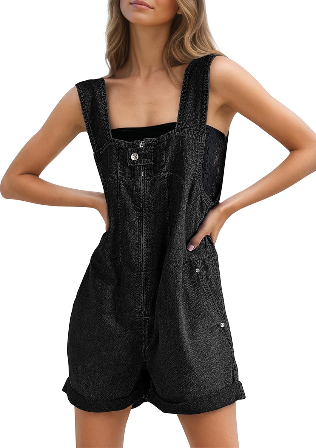 Women's Denim Overalls Zip Up Jean Romper Sleeveless Shortalls Bib Shorts Casual Summer Loose Fit Jumpsuit with Pockets