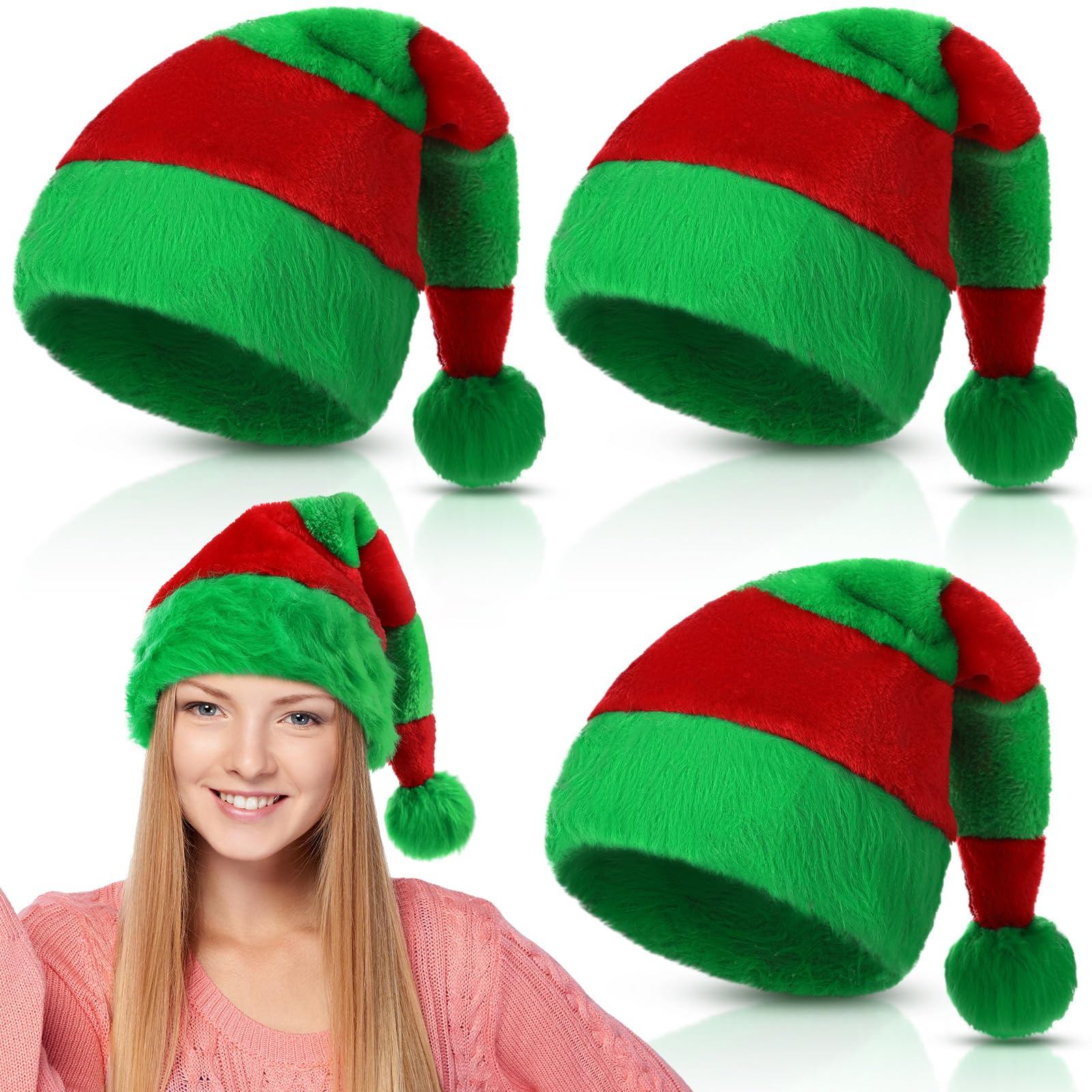 Kenning Sombrero de Papá Noel, 4 piezas, sombrero de Navidad a rayas verdes y rojas, sombrero de Papá Noel de felpa de Papá Noel, sombrero de elfo de Navidad esponjoso para mujeres y hombres
