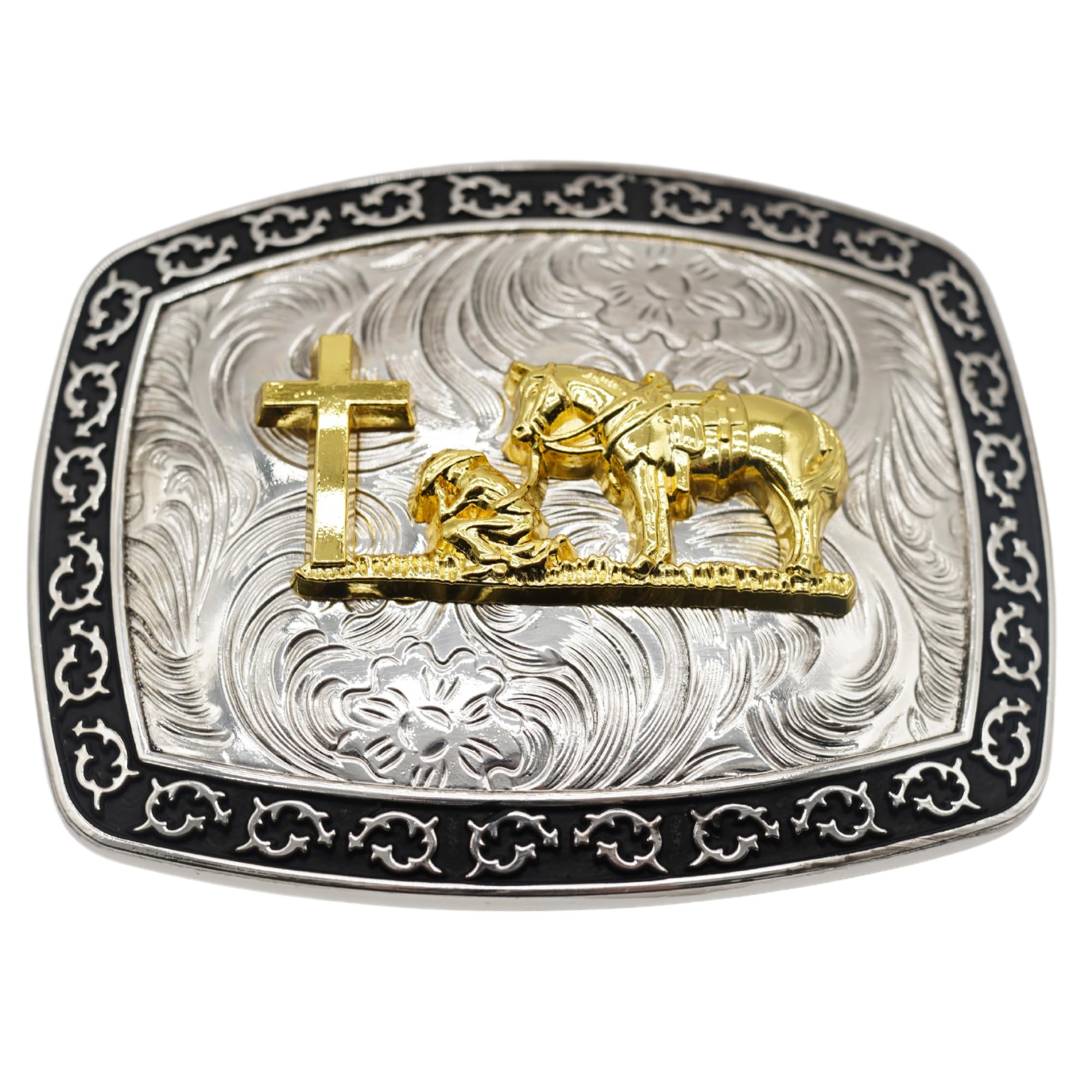 WMG Praying Cowboy Cross Religious Faith Large Huge Rodeo Western Gold Tone Belt Buckle