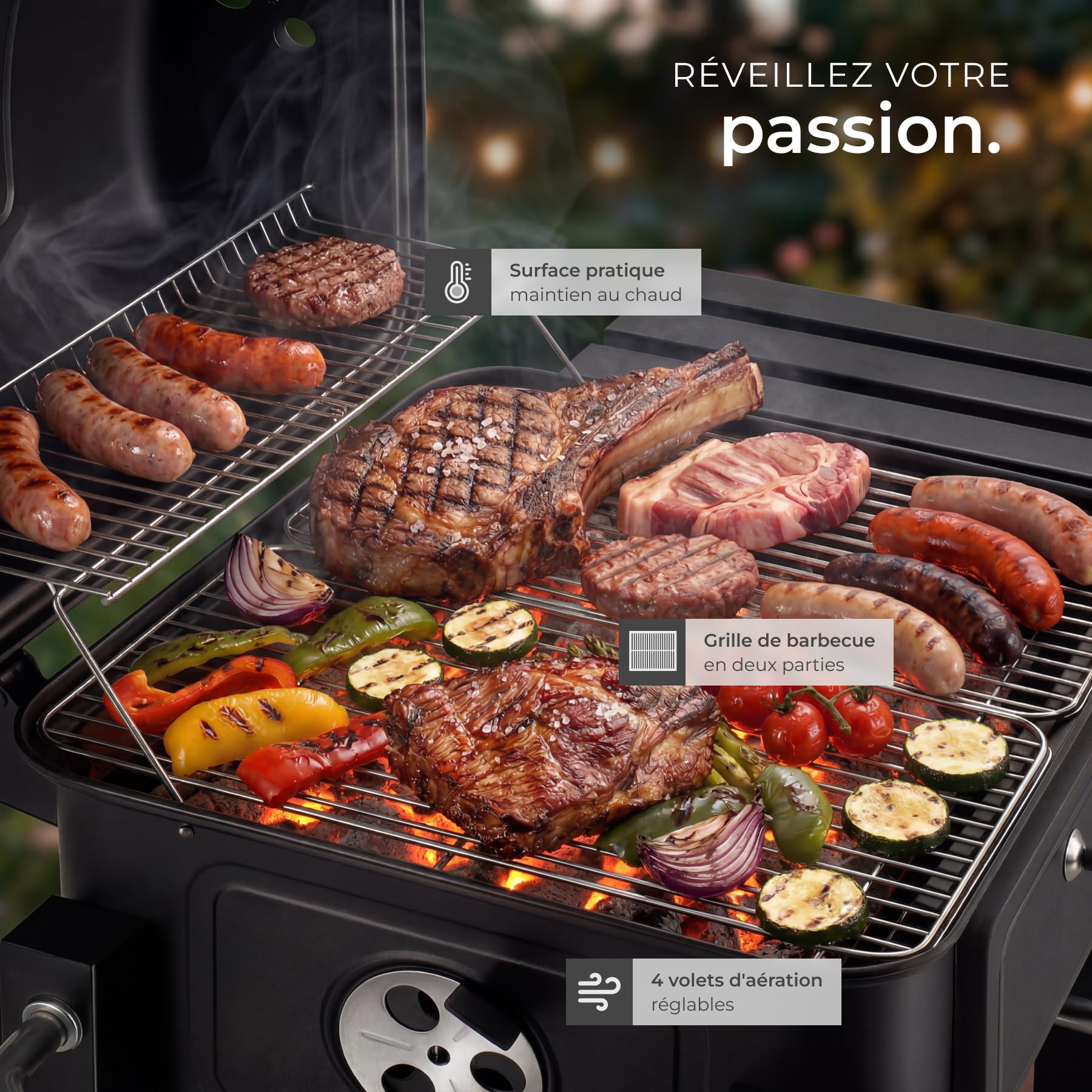 tectake® Barbecue au Charbon de bois 110x64x104 cm, Bac à charbon réglable en hauteur, Tiroir à cendres, 4 Volets d'aération, Thermomètre, 2 roues, Grilles, Tablette latérale rabattable, 3 crochets