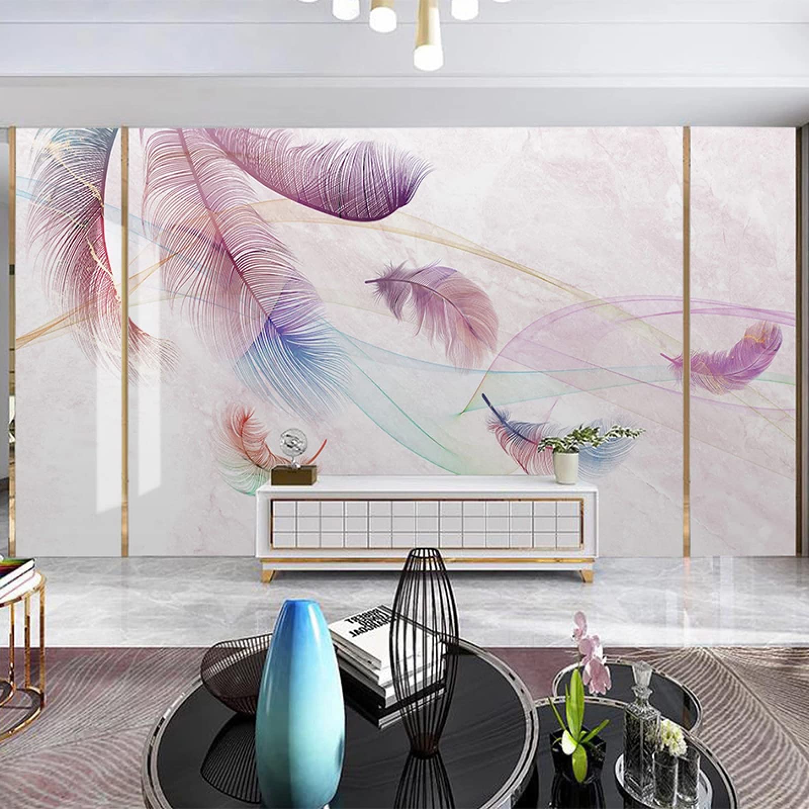Fresque murale aquarelle marbre rose pour créer un coin TV cocooning au salon