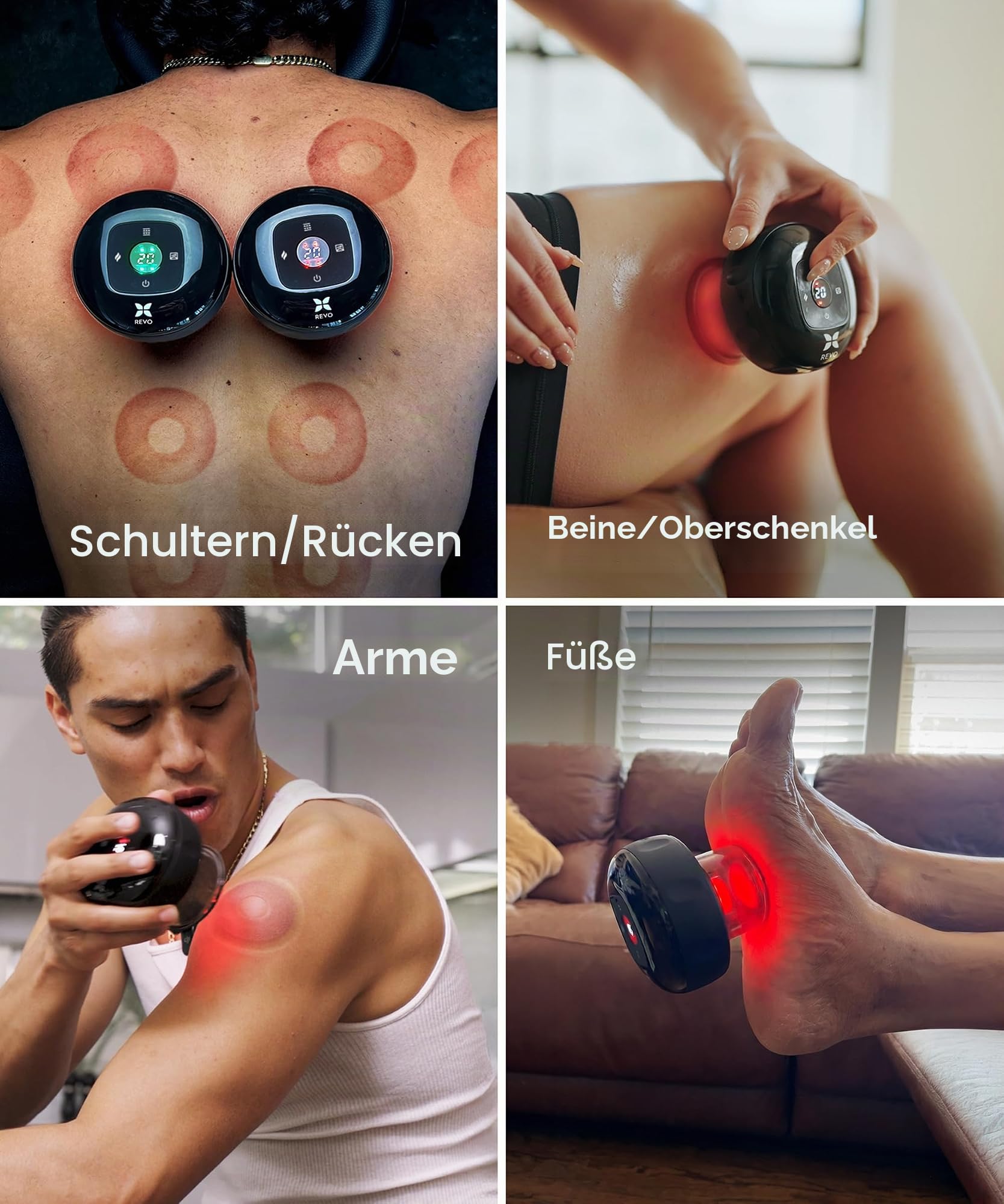 REVO das Original 4-in-1 Smart Schröpftherapie-Massagegerät mit Rotlichttherapie zur gezielten Schmerzlinderung, Knoten, Schmerzen, Muskelkater