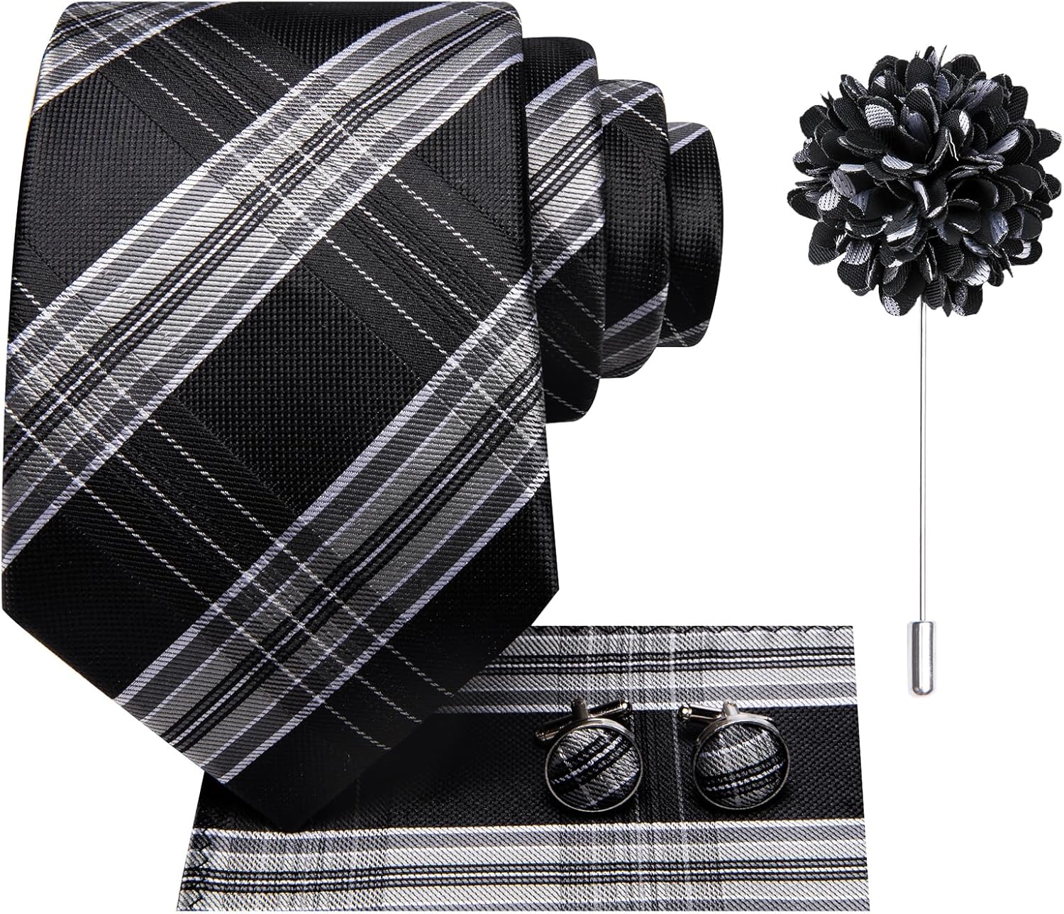 Hi-Tie Mens Tie Set Silk Striped Woven Necktie with Lapel Pin Pocket Square Cufflinks Set for Wedding Party - Image 3