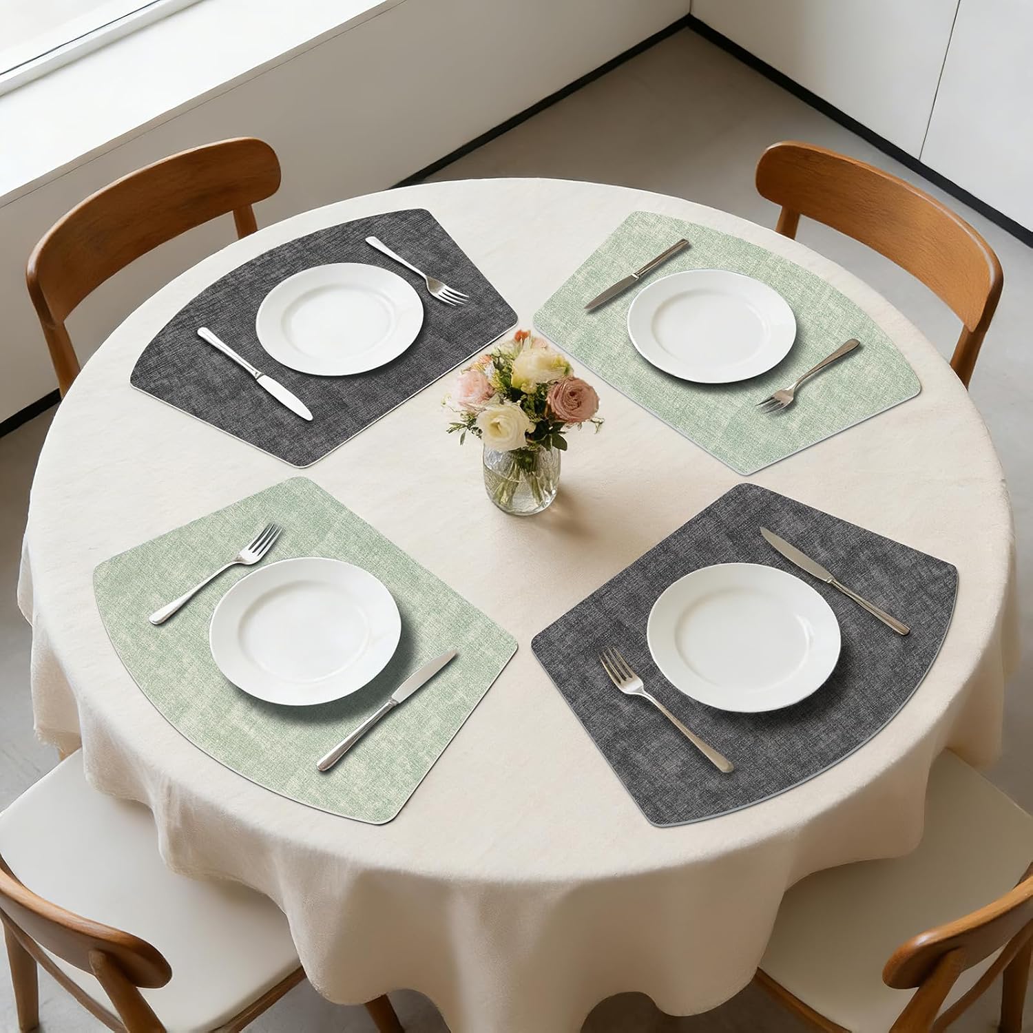 Round Table Placemats Set of 4, Dual-Sided Wedge Shape Faux Leather Table Mats, Washable Wipeable Heat Resistant Place Mats for Outdoor Indoor, Green Gray