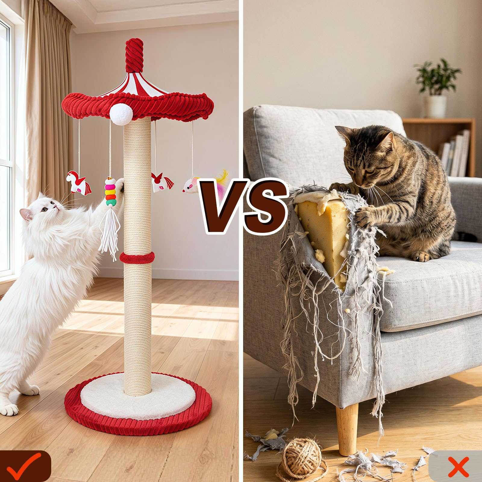 Carousel Interaktives Katzenspielzeug für Indoor-Katzen, 99,1 cm hohe Katzenkratzbäume für Indoor-Katzen Erwachsene mit drehbarem Oberteil, niedlicher Katzenkratzbaum mit hängendem