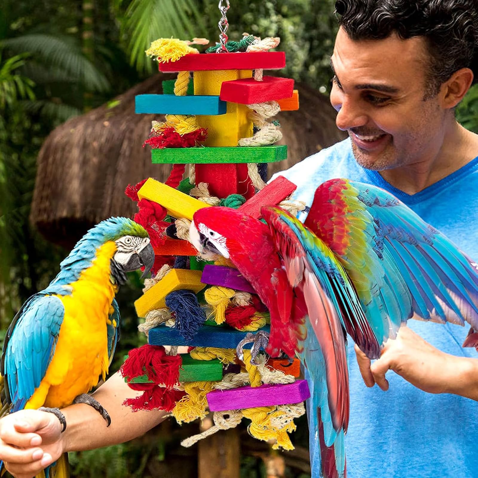 AQH Jouets pour Grands Oiseaux, Jouet Perroquet, pour Jouet Perruche en Bloc Bois Naturel pour perroquets Gris africains, aras, cacatoès, perroquets amazoniens et Autres perroquets de(Multicolor A)
