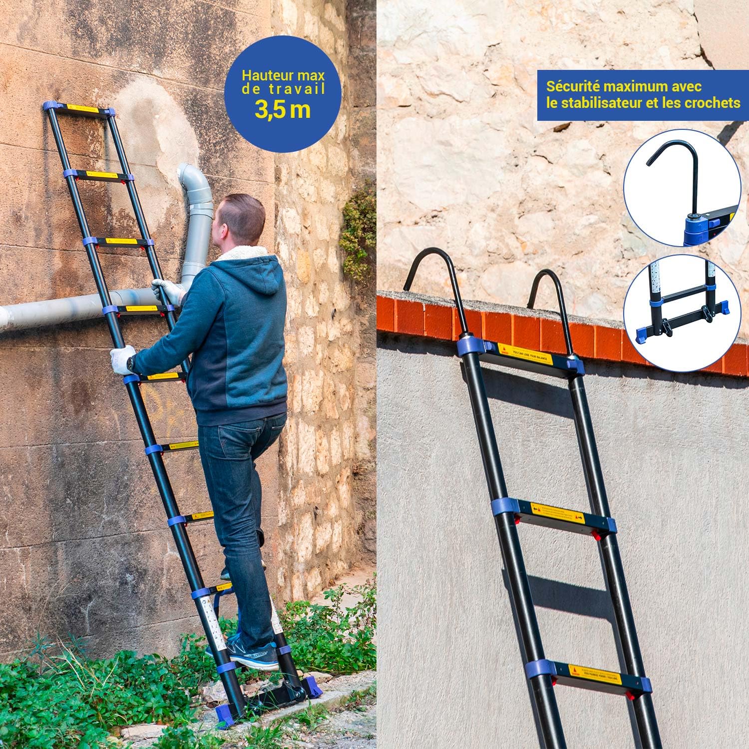 HOSTRÖM Echelle telescopique 2,6m TELESCOVA8+, Aluminium, Pliable, Extensible, Multi-Fonction, H Travail Max 3,5m, Crochets Amovibles, Garantie 5 Ans