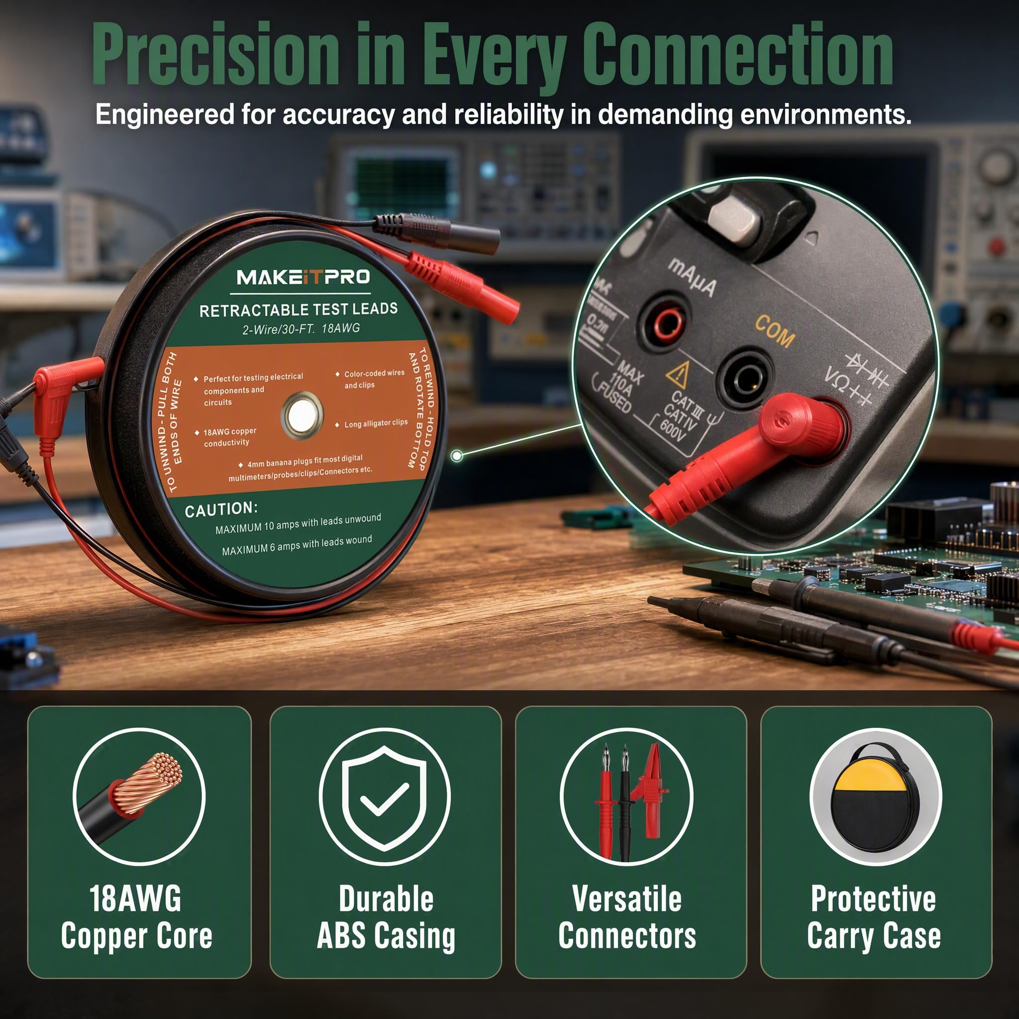 Retractable Test Leads 2 Wires 30FT 18AWG Kit with Cable Bag — Amazon image 3