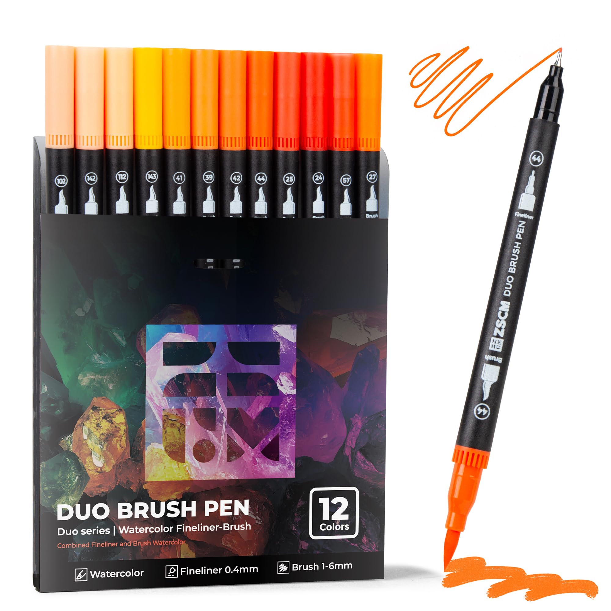 Orange Duo Tip Marker Pens, 12 Pack Fine & Brush Markers for Adult Colouring Books No Bleeding, Sunset Orange Markers for Autumn Scenes, Citrus Fruits, Vibrant Fills and Energetic Artworks