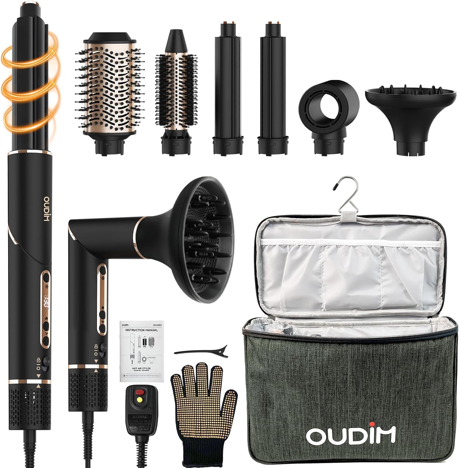 6-in-1 Multi-Functional Hot Air Comb, Interchangeable Brush Head, Negative Ion Hair Dryer Brush and Styler, Brushless Motor with 110000 RPM High-Speed, Rapid Drying, Storage Bag. 6-in-1 Multi-Functional Hot Air Comb, Interchangeable Brush Head, Negative Ion Hair Dryer Brush and Styler, Brushless Motor with 110000 RPM High-Speed, Rapid Drying, Storage Bag.