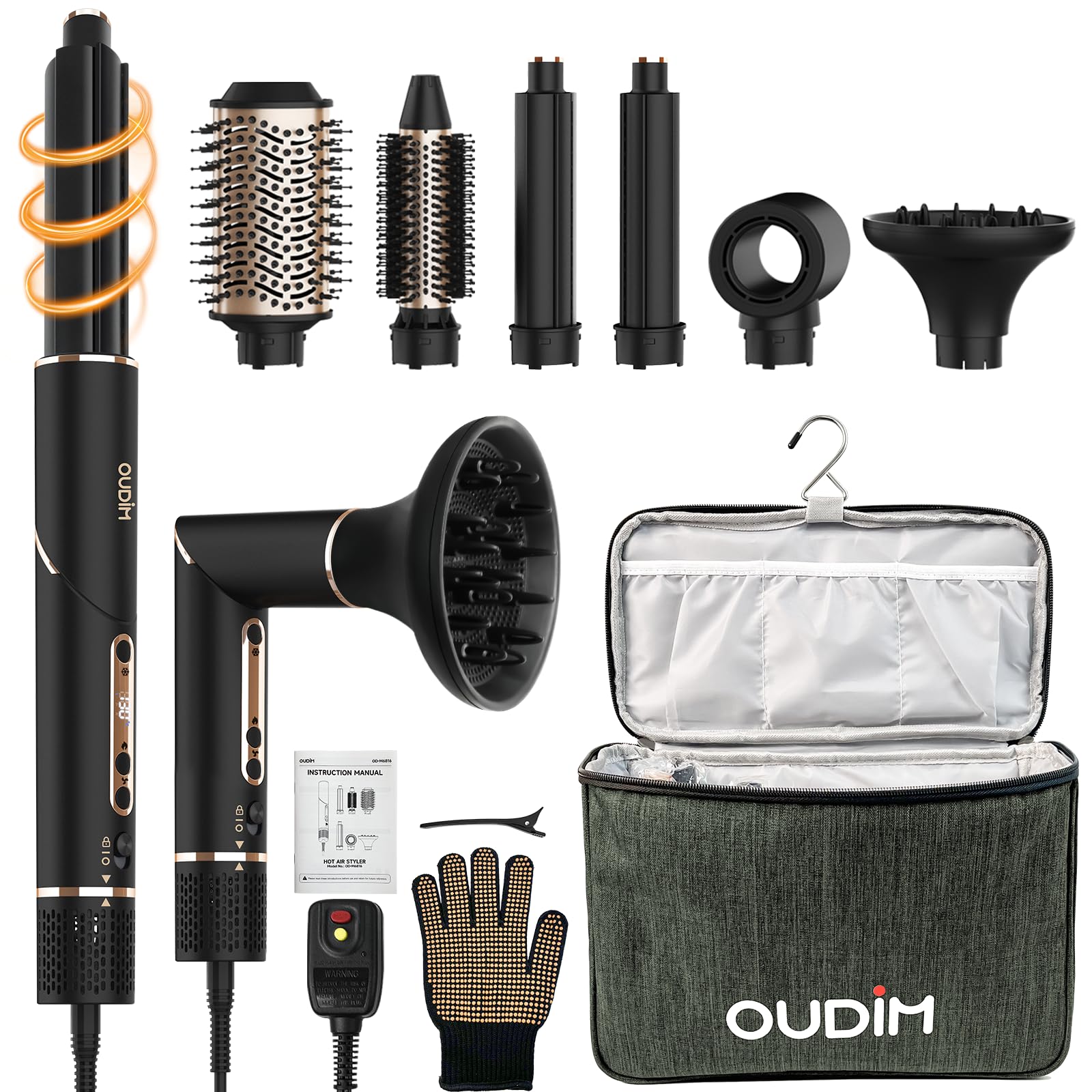 OUDIM 6-in-1 Multi-Functional Hot Air Comb, Interchangeable Brush Head, Negative Ion Hair Dryer Brush and Styler, Brushless Motor with 110000 RPM