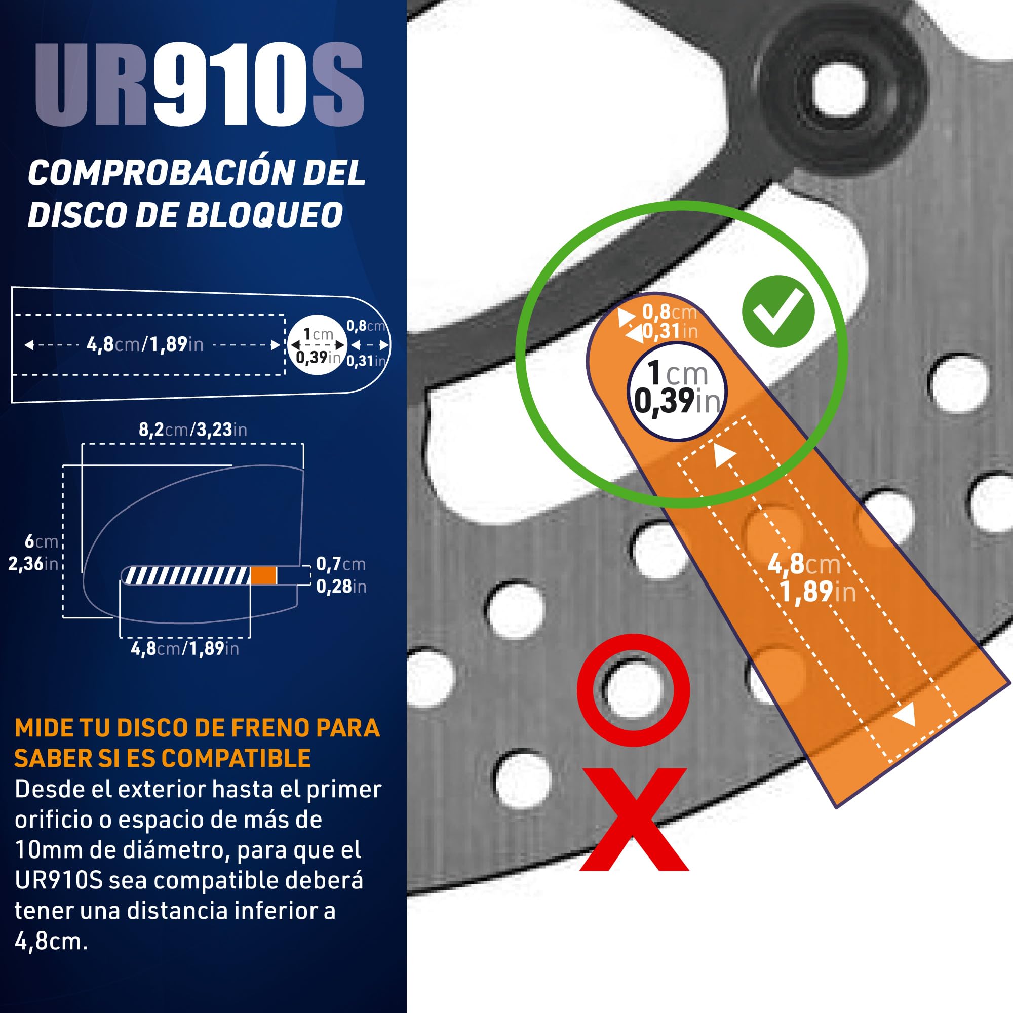 URBAN UR910S Candado Moto Disco Sin o con Alarma X2-ON 120dB, Alta Seguridad Homologado Sra, Doble Cierre 10mm Anti-Sierra, Acero Inoxidable, Pila CR2 Larga Duración, Bloqueo Pinza Antirrobo Scooter