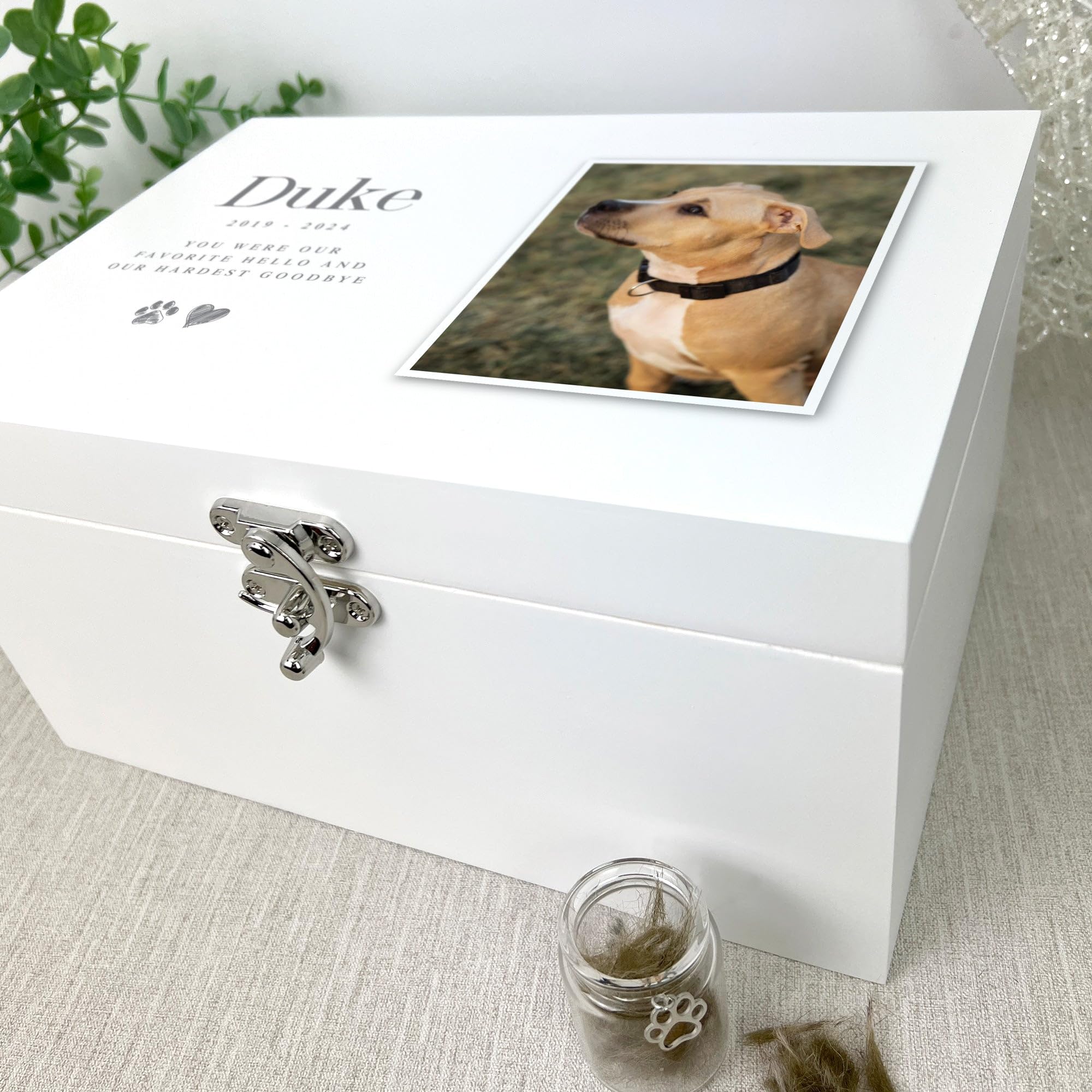 Caja de recuerdo de madera blanca personalizada para fotos de mascotas, regalo de condolencias por la pérdida de mascotas, 27 x 19 x 14 cm