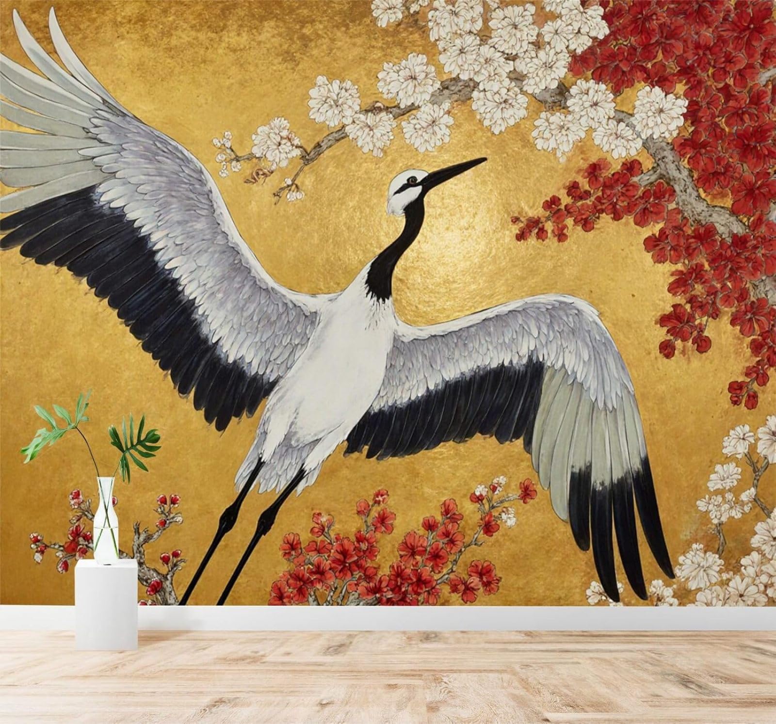 Xlming 400Cm×280Cm(B×H) Red And White Plum Blossoms Abstract Gold Birds In Flight 3D Wallpaper Silky Texture Home Study Office Grey Dining Room Sofa Bedroom Living Room Tv Backdrop-400Cm×280Cm