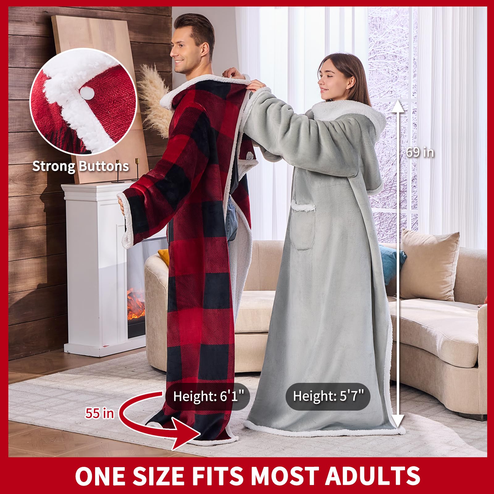 IFNOW Manta portátil con mangas para adultos, mujeres y hombres, manta ligera y suave de felpa para TV, envoltura cálida de cuerpo completo, manta acogedora, a cuadros