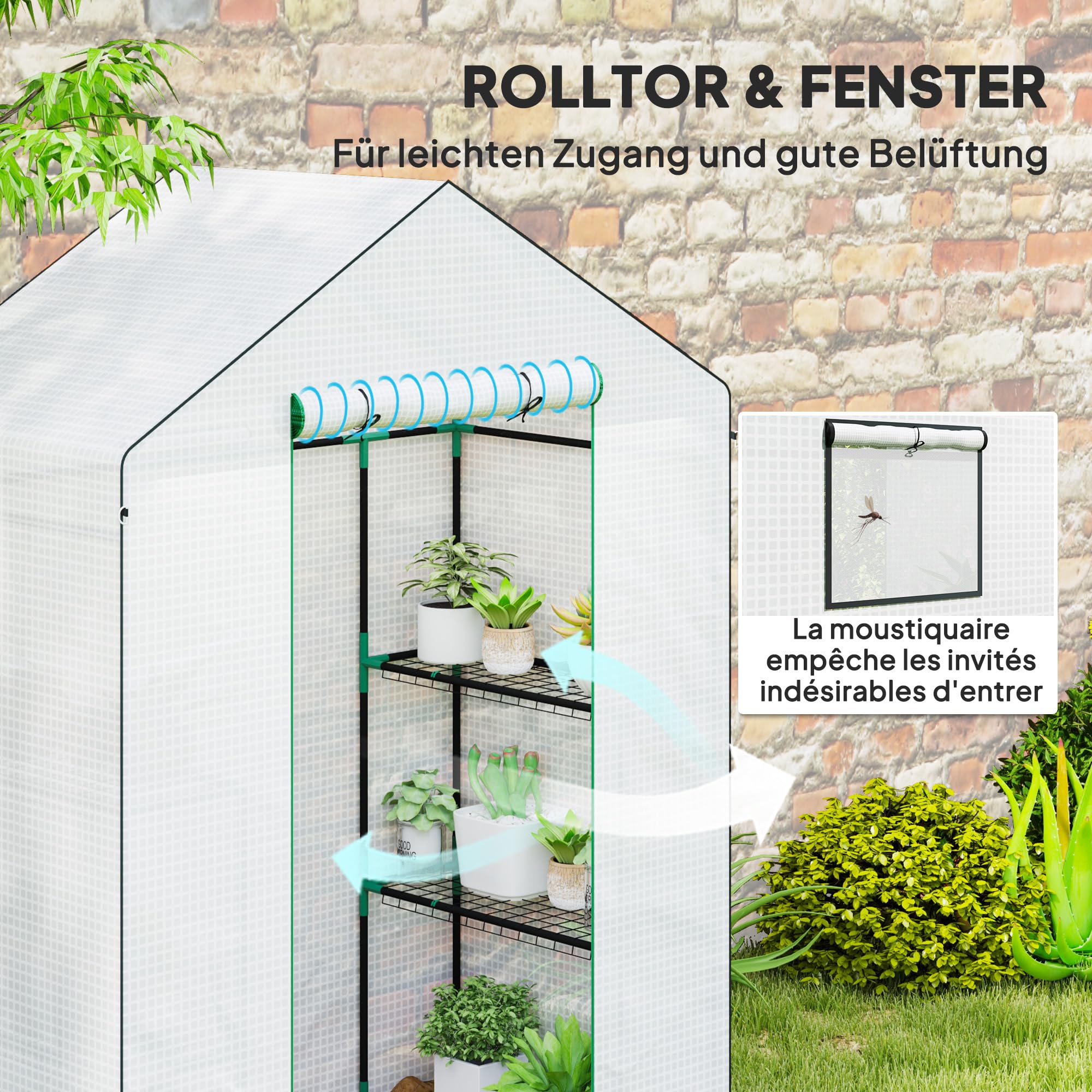 Outsunny Gewächshaus mit Rolltür für Balkon, Garten 143 x 74 x 190 cm Weiß