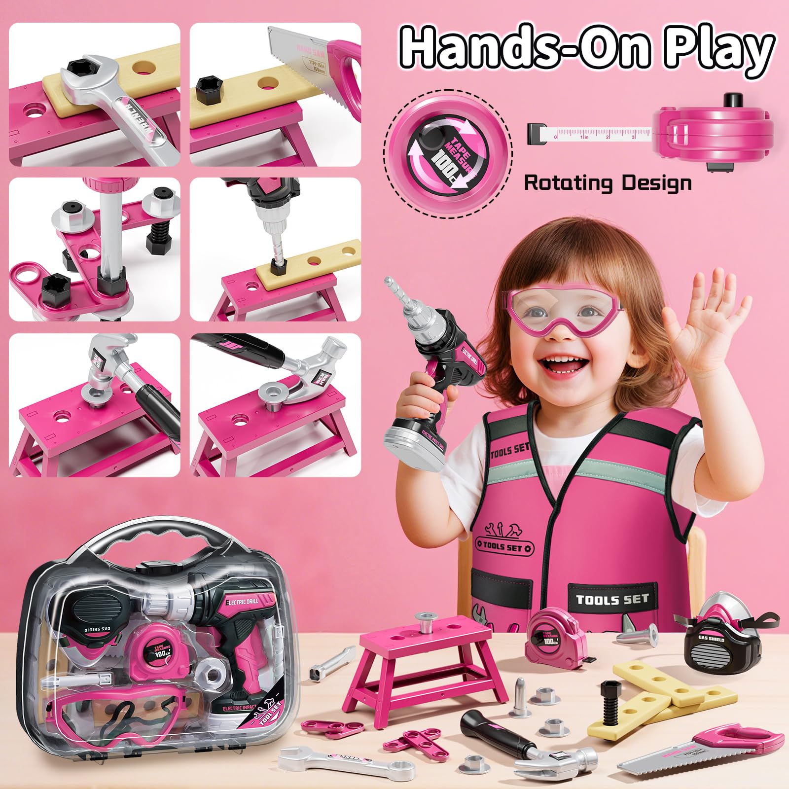 KidBloom Giochi Bambina 3 Anni Cassetta Attrezzi Bambini, Attrezzi Giocattolo Bambini con Trapano Giocattolo e Gilet da Lavoro, Regalo Bambina 3 4 5 Anni