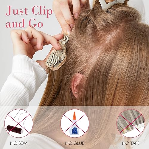 Miniatura 4 de REECHO Clip en extensiones de cabello, 20 "rizado ondulado sintético HE008 postizos para las mujeres - marrón ceniza con reflejos de platio