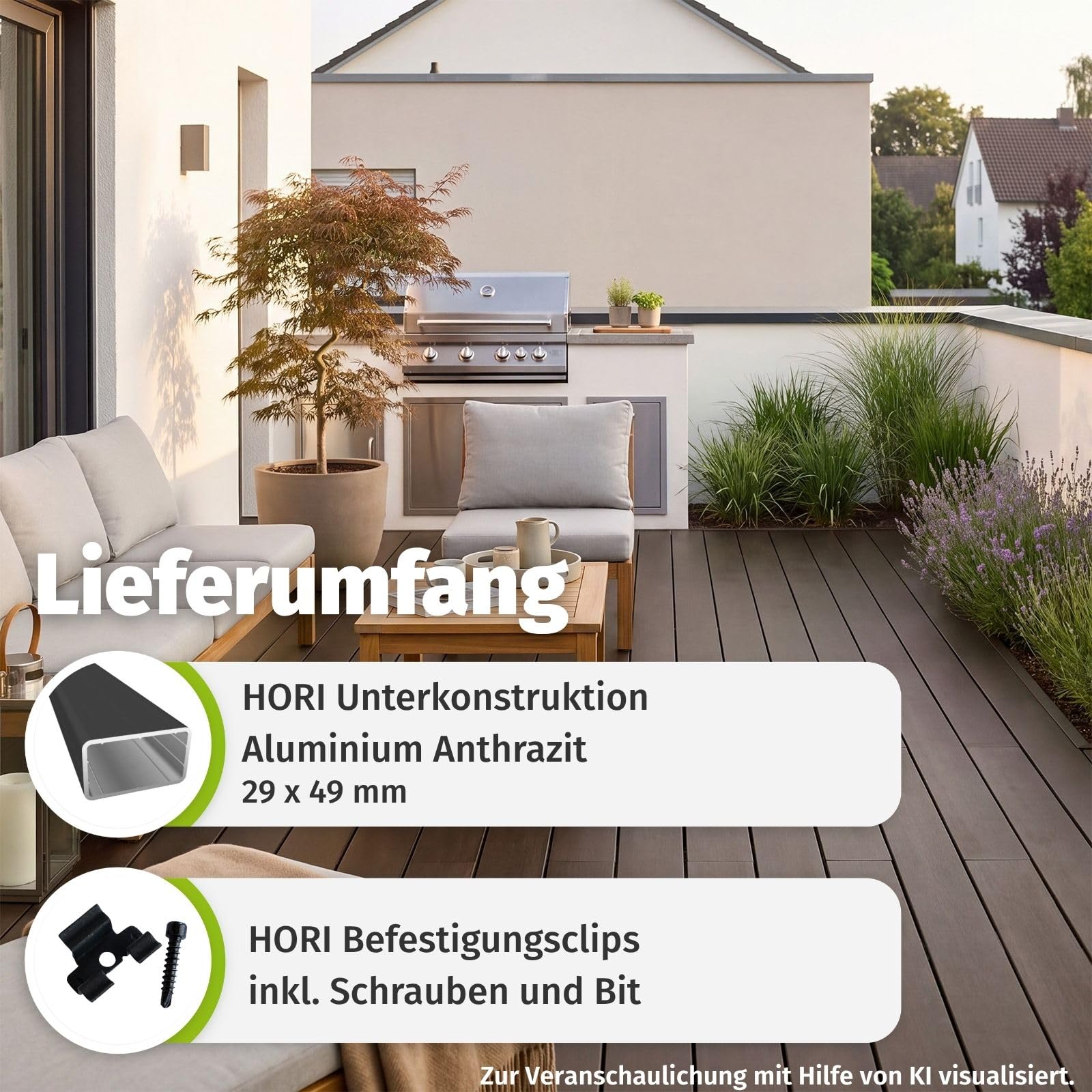HORI Terrassendielen Komplettset Eco-Thermo Bambus Terrassenholz Komplettbausatz Glatt Holzterrasse Set, inklusive Unterkonstruktion Aluminium Anthrazit 29 x 49 mm - Länge 185 cm - Fläche 44 m²