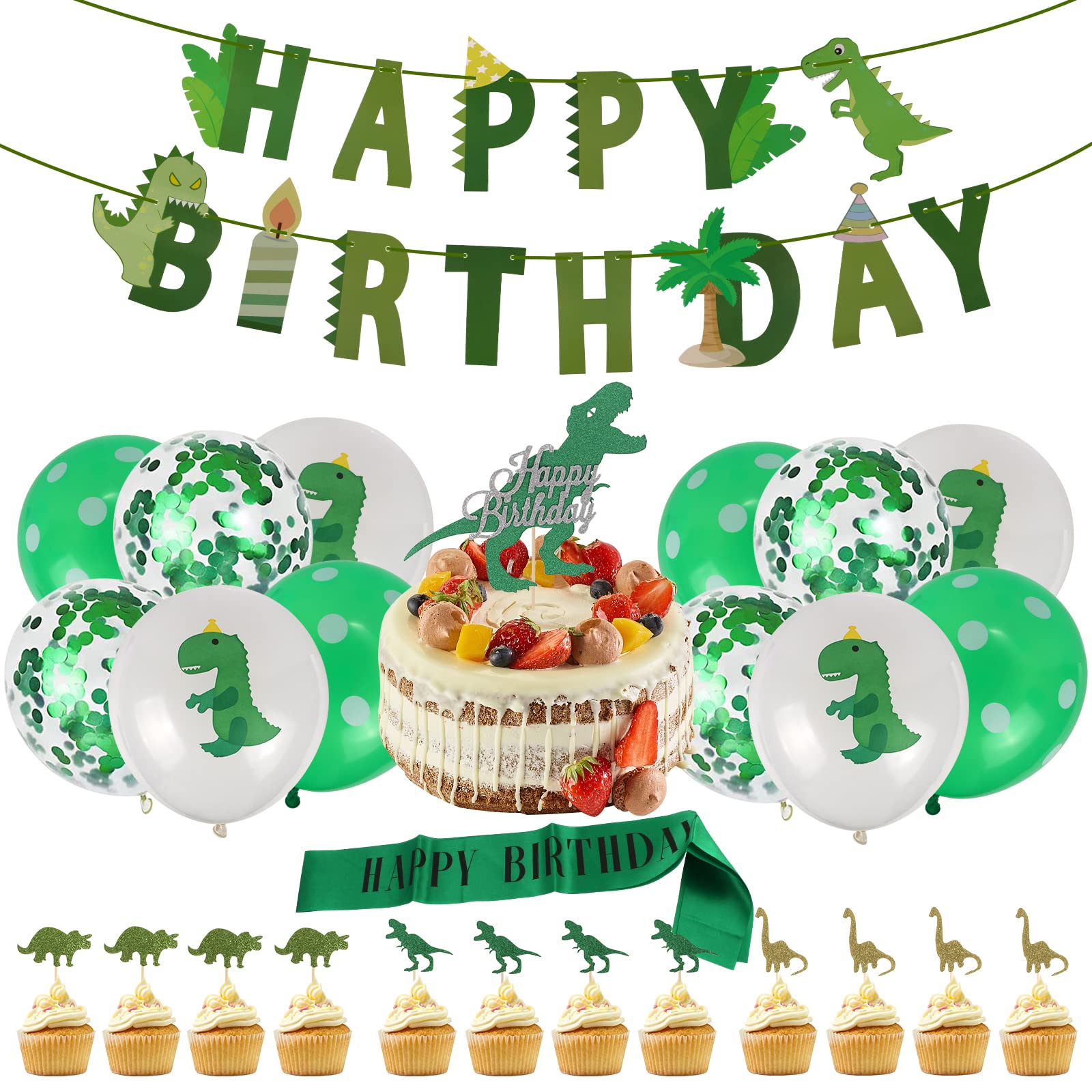 GORVELL Dinosaur Birthday Decorations, 1 Happy Birthday Dinosaur Banner, 12pcs Dinosaur Balloons,1 Cake Topper, 12pcs Cupcake Topper, 1 Green Sash,Dinosaur Birthday Party Decorations for Boys
