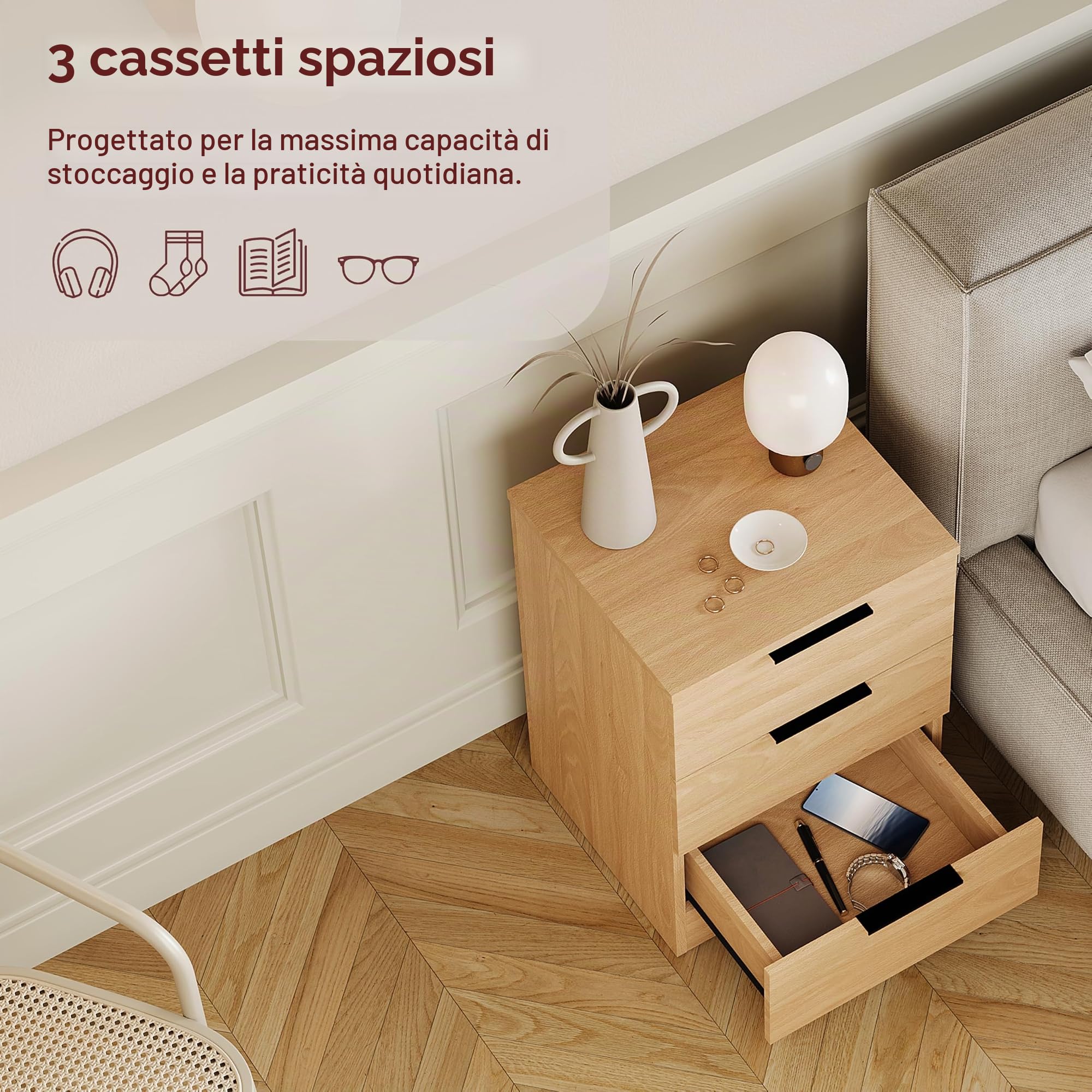 Vida Designs Trega - Set di 2 comodini a 3 cassetti, in legno di pino, compatti e salvaspazio, 50 x 39 x 28 cm, in legno ingegnerizzato, con cassetti scorrevoli, maniglie nere, ideale per camera da