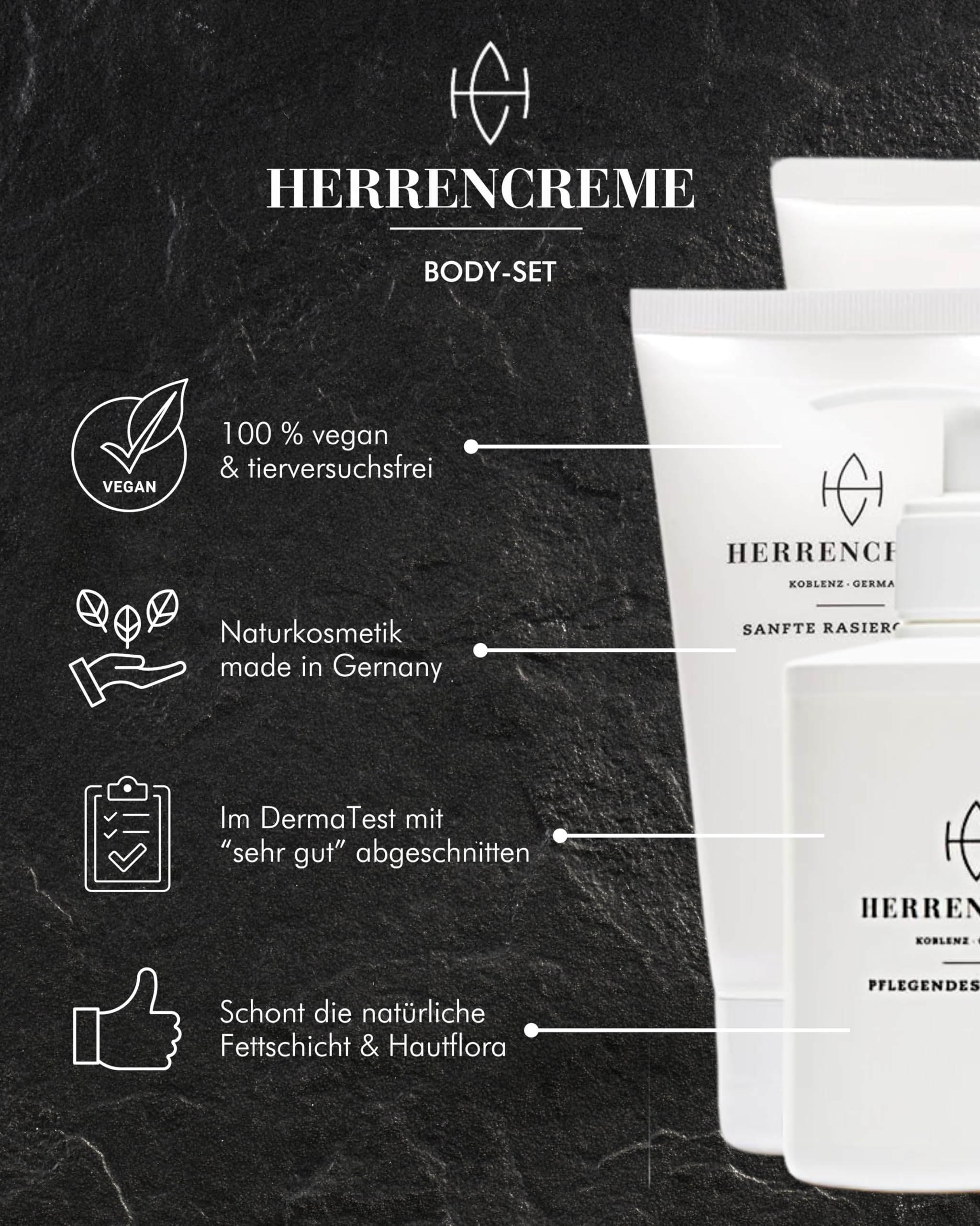 HERRENCREME Körperpflege-Set inkl. Duschgel, Körperlotion & Rasiercreme I Sanftes Waschgel für Gesicht & Körper I Feuchtigkeitsspendende Body-Lotion I Shaving-Cream für Gesicht- & Intimbereich