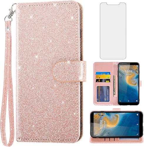 Asuwish Funda de teléfono para ZTE Blade A31Avid 589 Z5158 con protector de pantalla de vidrio templado y cubierta de billetera con purpurina,