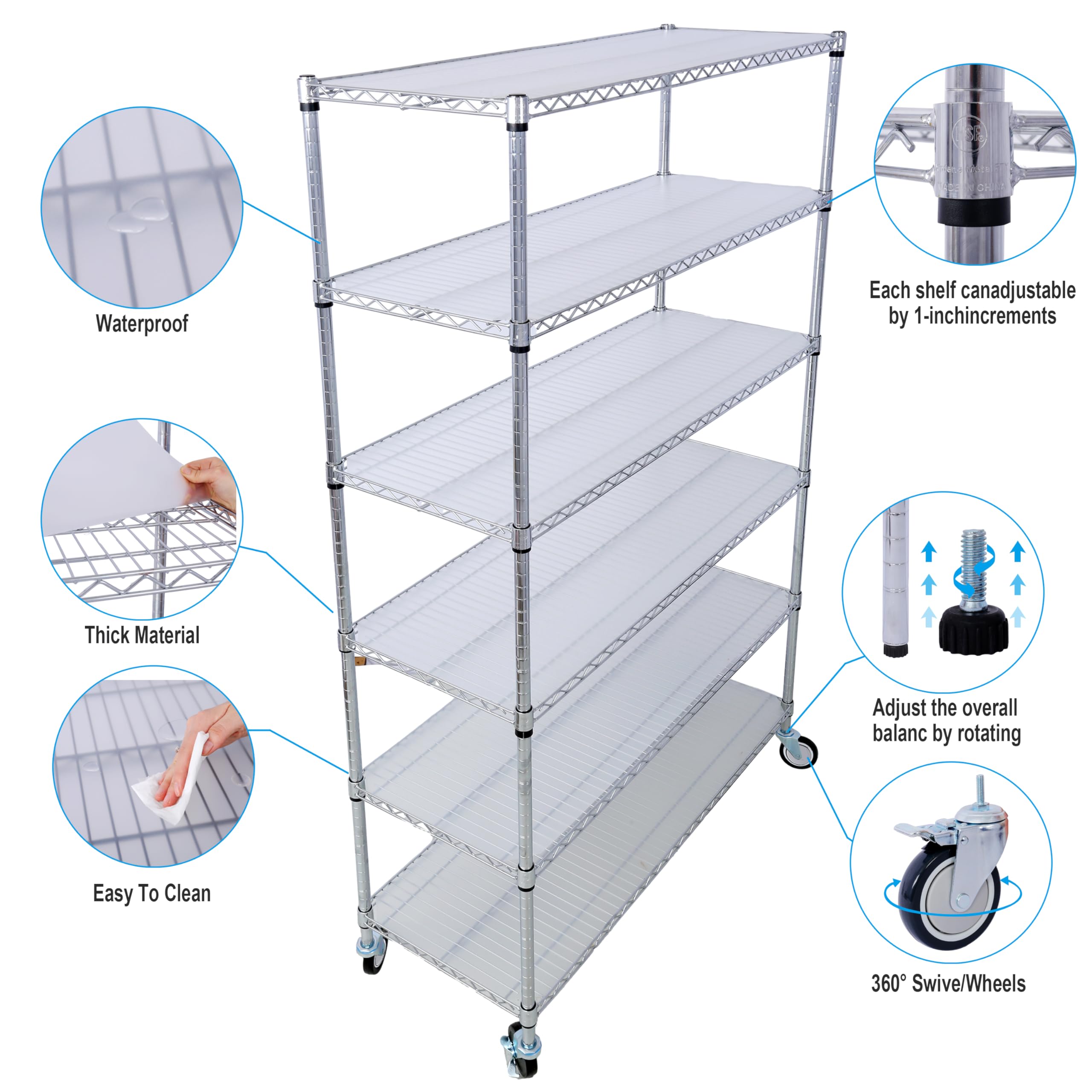 podafu 6 Tier Metal Storage Shelves, Heavy Duty Adjustable Wire Shelving Unit with Wheels & Liners, 6000LBS Capacity, Utility Standing Shelf, Chrome 48
