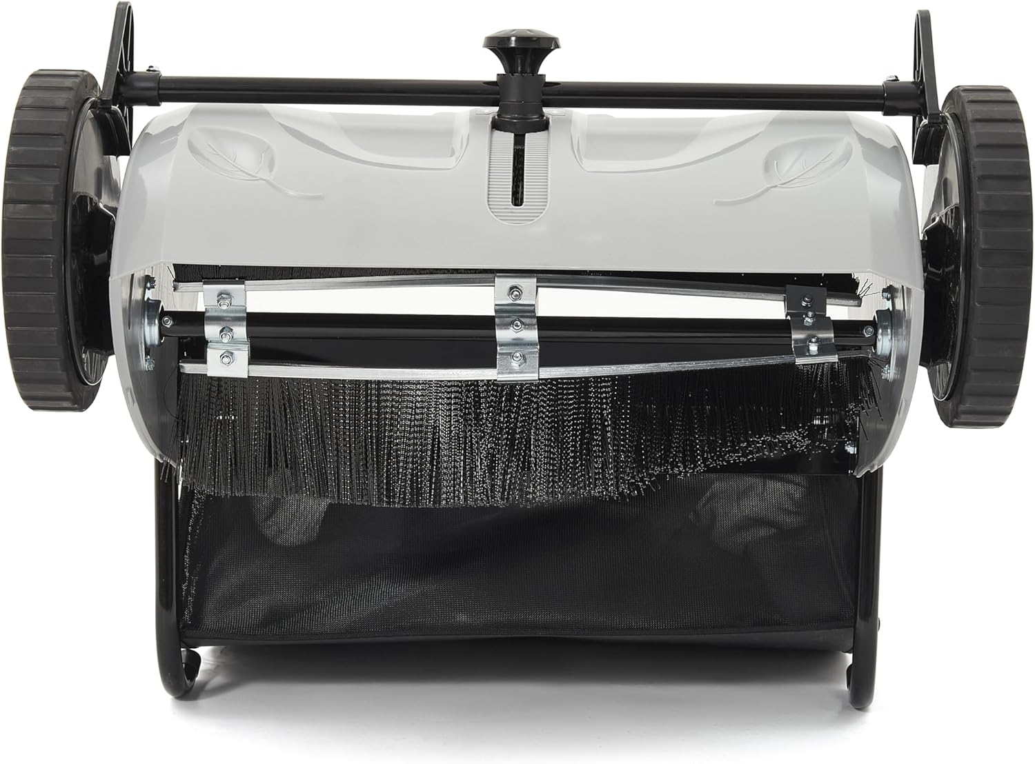 Close-up view of the dual spinning brushes and height adjustment mechanism on the Dapper Supply lawn sweeper