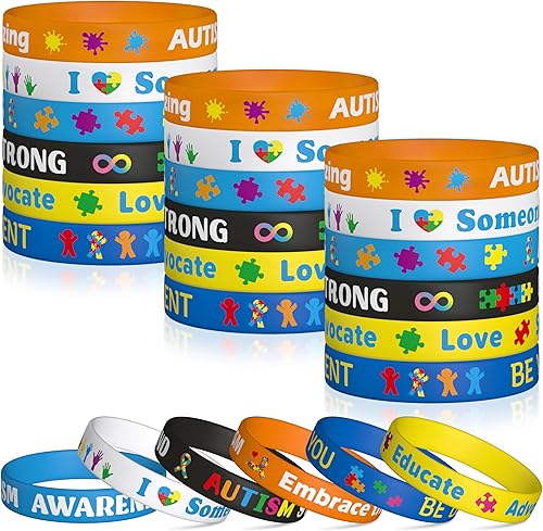 WATINC Pulseras de silicona para concientización sobre el autismo, 6 piezas de rompecabezas coloridas, cintas elásticas, pulseras de goma