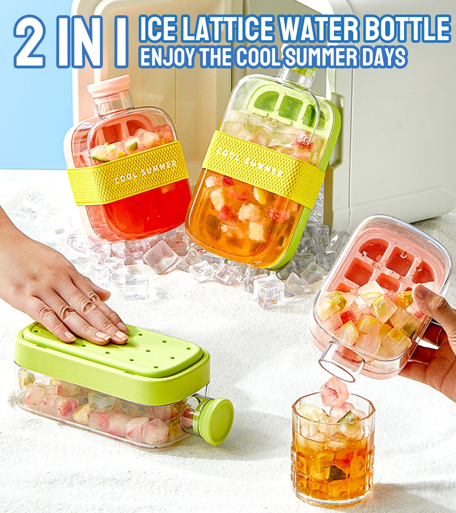 Vassoio 2 in 1 per cubetti di ghiaccio e bottiglia d'acqua con coperchio e cannuccia, stampi flessibili in silicone per caffè, birre, succhi di frutta e bevande (verde + bianco, 800 ml)