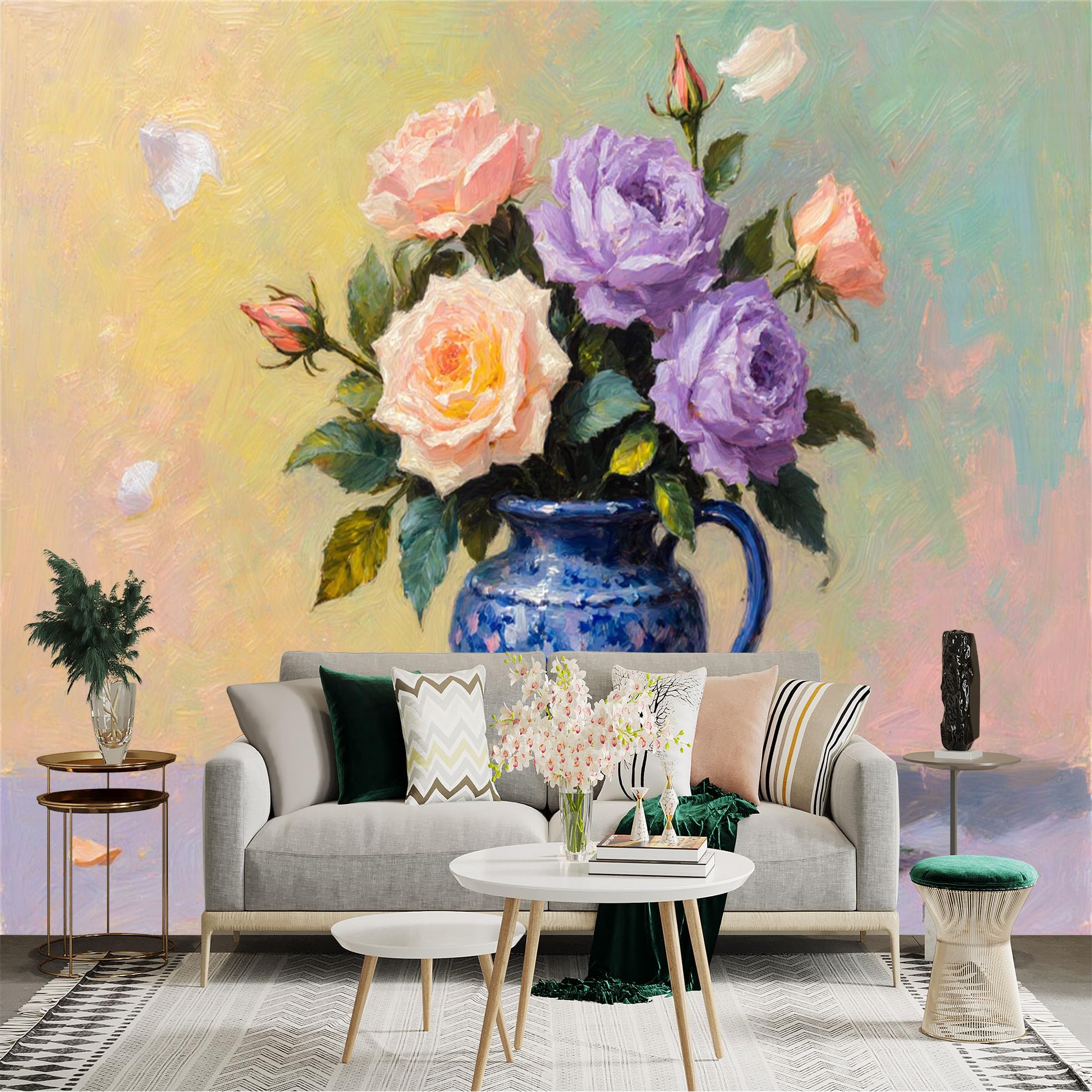 Custom Size Wall Sticker Mural， Oil Painting Style Pink and Purple Rose Bouquet， Elegant Flower Vase Art， for wall Decoration， peelandstick wall Decals.