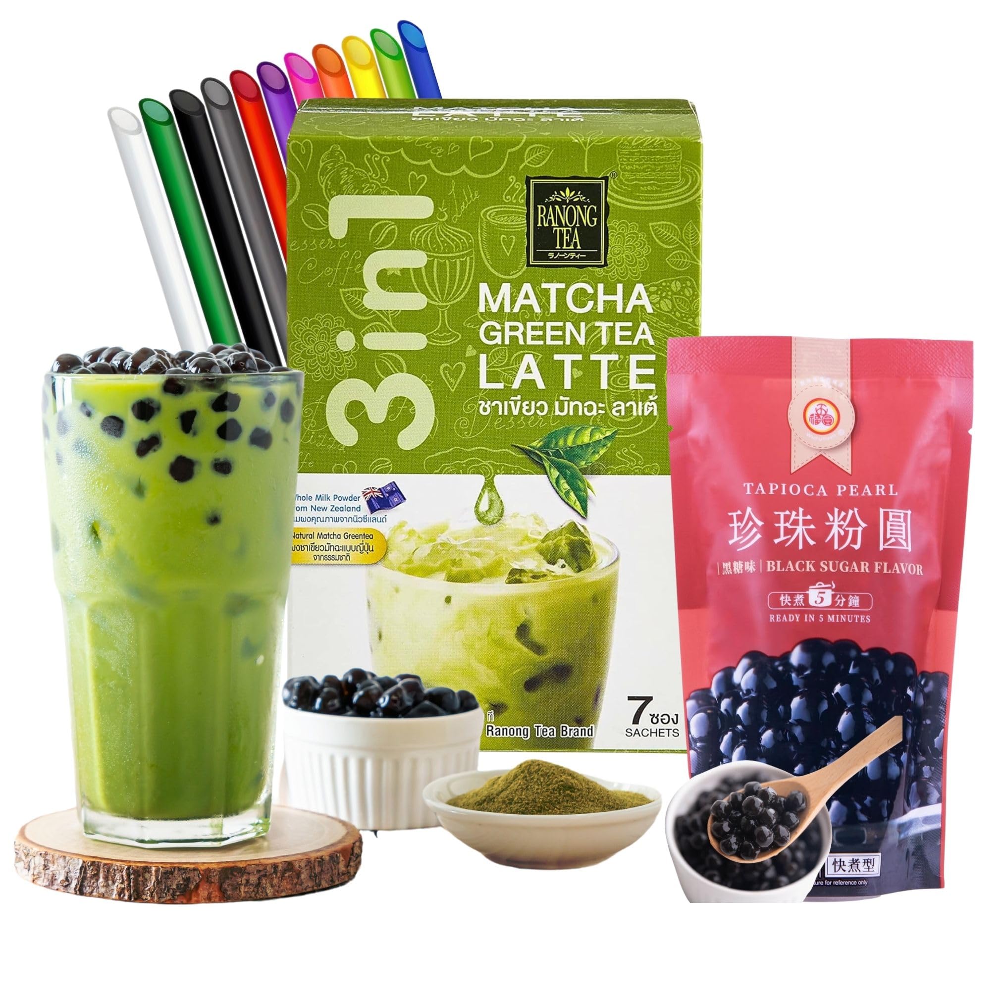 Matcha Bubble Tea Kit (7 servings) with Ranong Thai Tea Mix Matcha Green Tea Latte Instant Mix 161g and Wu Fu Yuan Black Tapioca Pearls 250g Including Mint Retail Boba Tea Straws