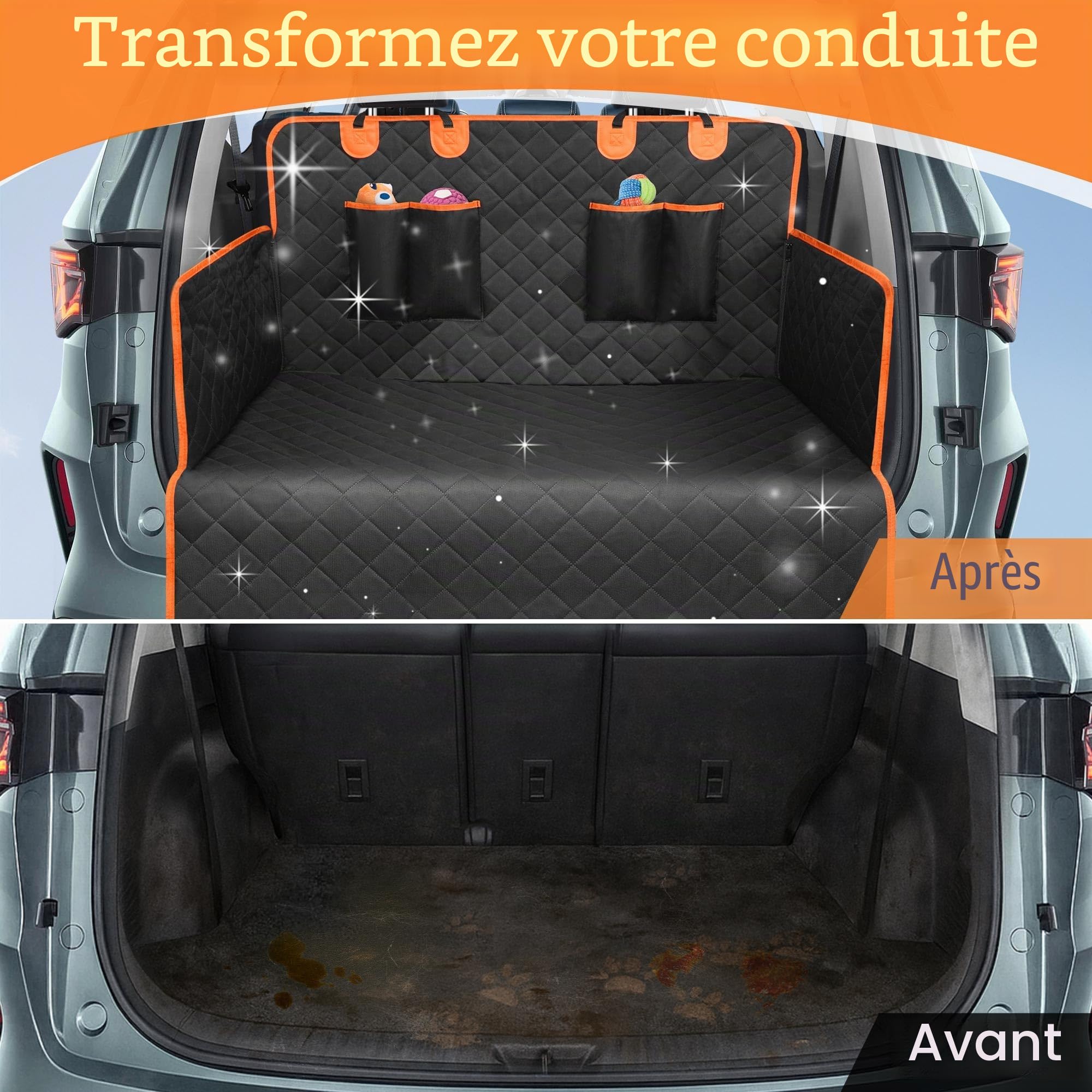 Protection Coffre Voiture Chien - Tapis de Coffre Voiture avec Protection Latérale et Pare-Chocs Arrière,Imperméable & Anti-Rayures & Entretien Facile,Housse Siege avec 2 Grandes Poches