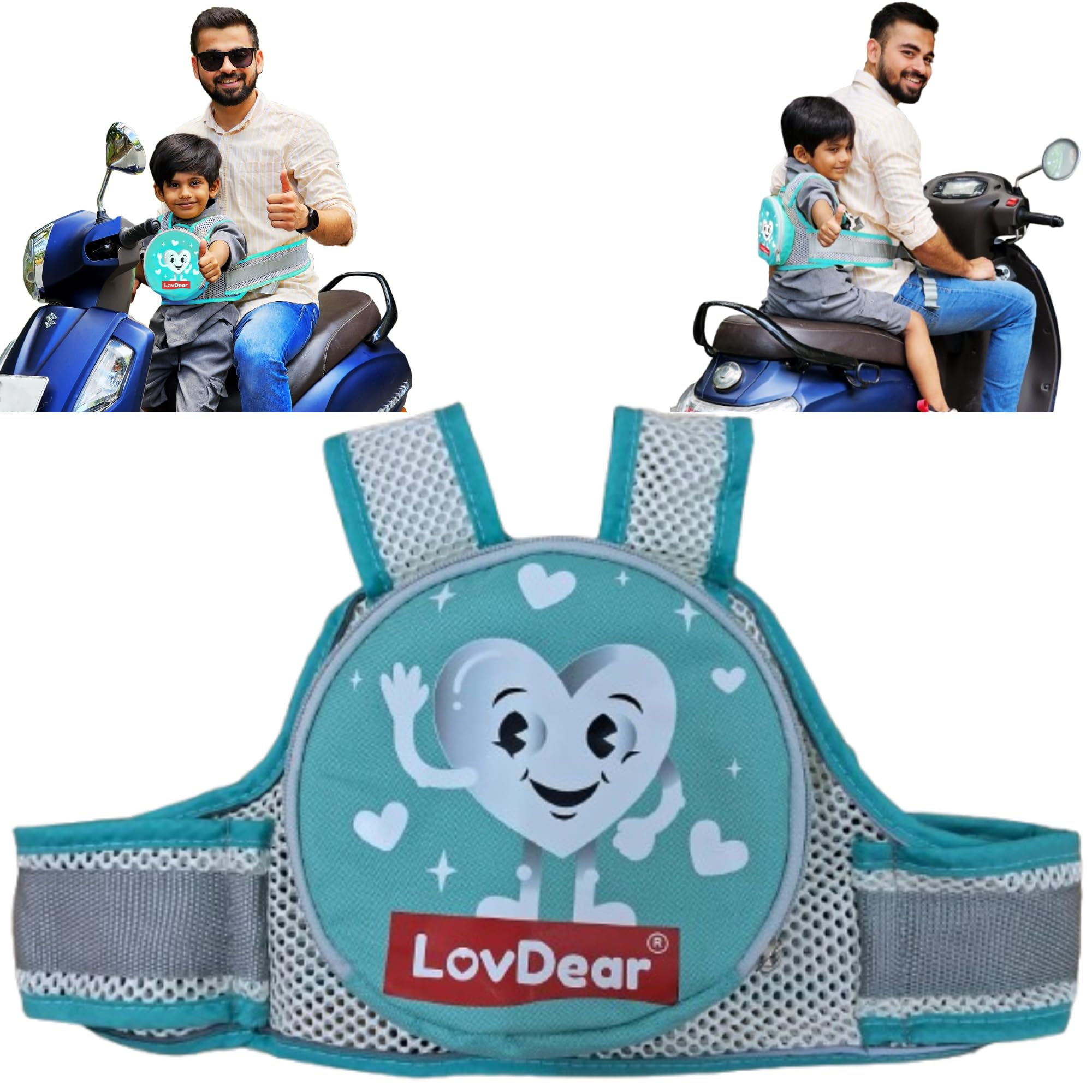LovDear kids safety belt for two wheeler with storage bag - Adjustable safety belt for kids for bike scooty - Two wheeler safety belt for kids -bike belt for kids safety (2-9 years) Green