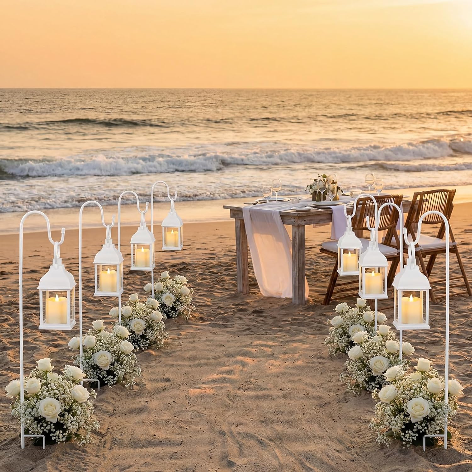 Novabright 8 Sets Wedding Lantern Aisle Decoration Including 8 Pcs White Lantern with LED Candle and 8 Pcs 32'' High Shepherds Hooks for Outdoor Wedding Weddings Holiday Decoration