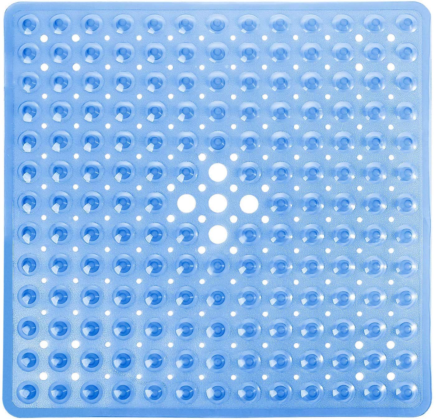 Yimobra Shower Bathtub Mat Non Slip, 21x21 Inch, Soft Square Bath Mat for Tub with Suction Cups and Drain Holes, Stall Floor Mats for Bathroom, Machine Washable, Bathroom Accessories, Clear Blue