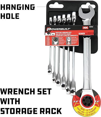 Miniatura 24 de Powerbuilt Juego de herramientas de llaves combinadas, 7 tamaños SAE, llaves hexagonales de extremo abierto y Z-Drive, desplazamiento de 15 grados