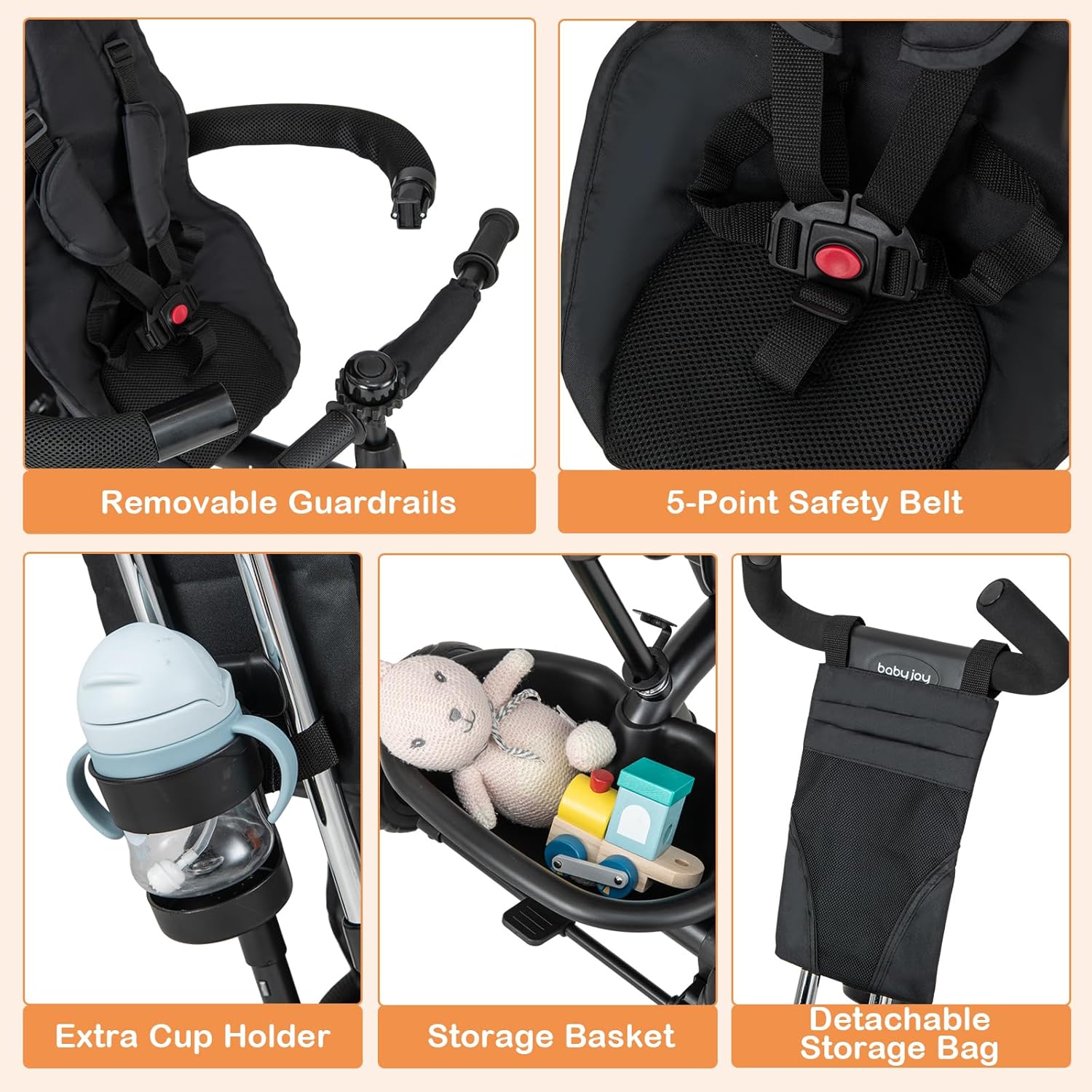 BABY JOY Tricycle, 4 in 1 Toddler Bike w/Removable Canopy, Adjustable Push Handle, Reversible Seat, Safety Belt, Folding Footrest & Storage Basket, Toddler Tricycle for Boys Girls 9-60 Months (Black)