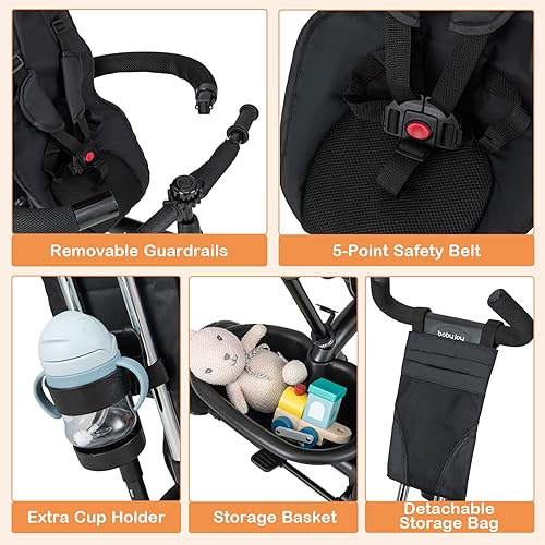 Miniatura 17 de BABY JOY Triciclo, bicicleta 4 en 1 para niños pequeños con toldo extraíble, asa de empuje ajustable, asiento reversible, cinturón de seguridad