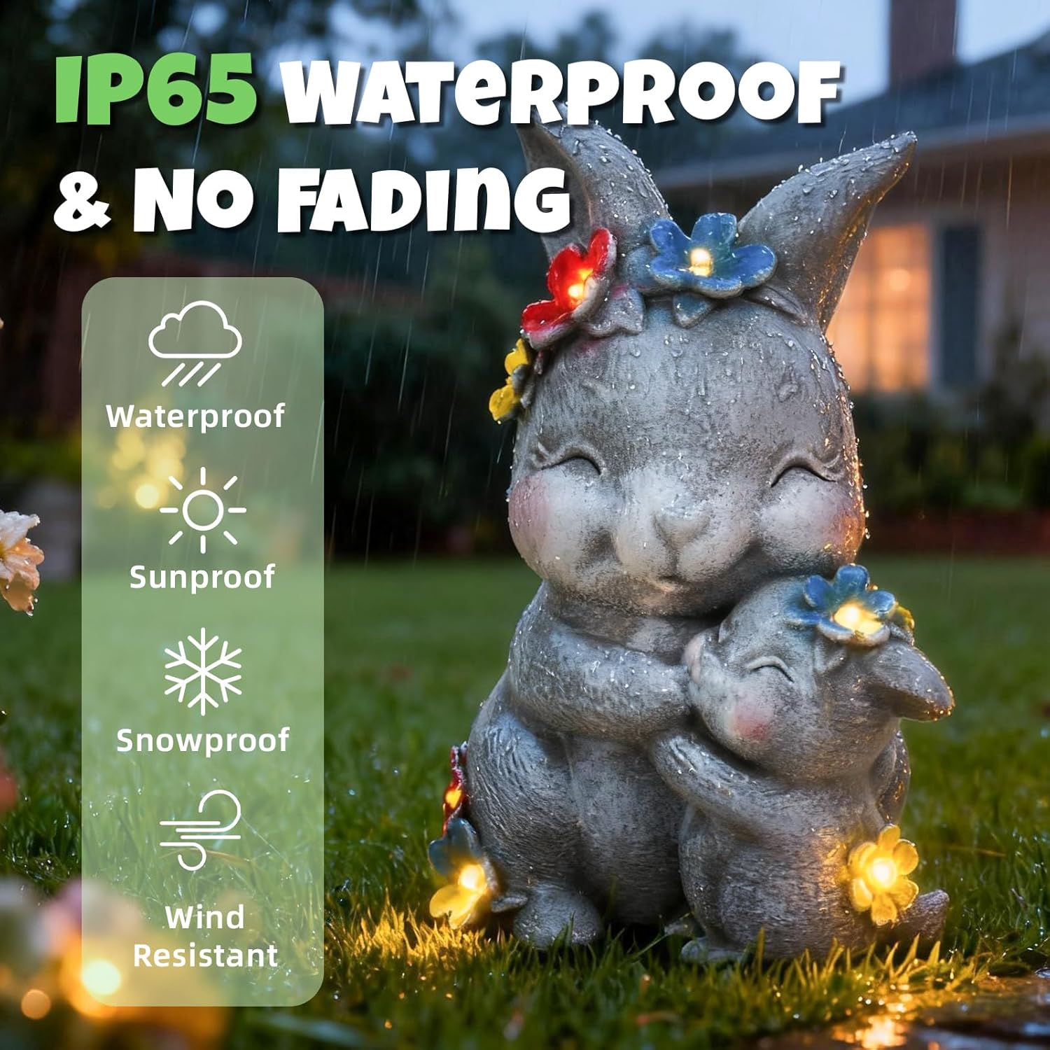 Solar Garden Statue Light, 8inch Resin Rabbit Figurine with Flowers Outdoor Decor for Patio, Lawn, Yard, Housewarming Birthday Gifts Gift for Bunny Lovers, Mom, Grandma, Women (Grey Rabbit) - Image 5