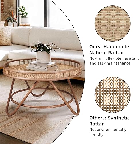 Miniatura 3 de FINECASA Mesa de centro redonda de ratán bohemio, tejida a mano, estilo moderno, mesa de centro redonda de mimbre para sala de estar, 32 x 18