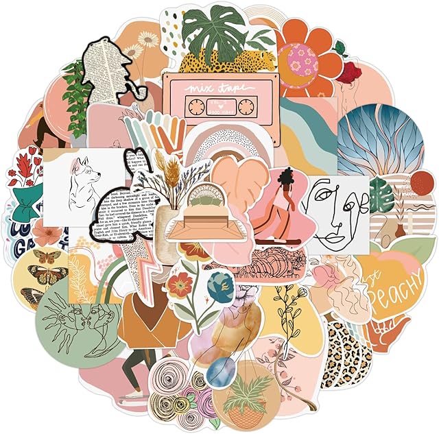 Cobee Boho Stickers, 50 Pcs Boho Aesthetic Decals Vinyl Waterproof Stickers Vintage Aesthetic Art Decor Stickers for Water Bottles, Laptops, Scooters, for Adults Teens